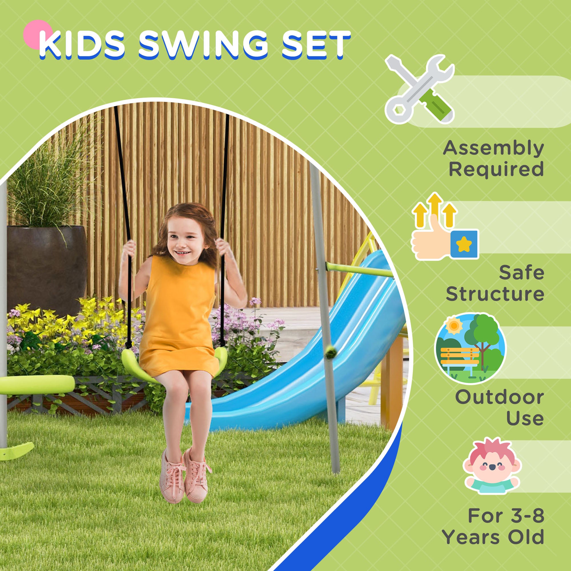 Swing Set for Kids, Heavy Duty A-Frame Metal Swing Frame with Glider, Swing Seat, Ground Stakes for Backyard, Green Gym Sets & Swings at Gallery Canada