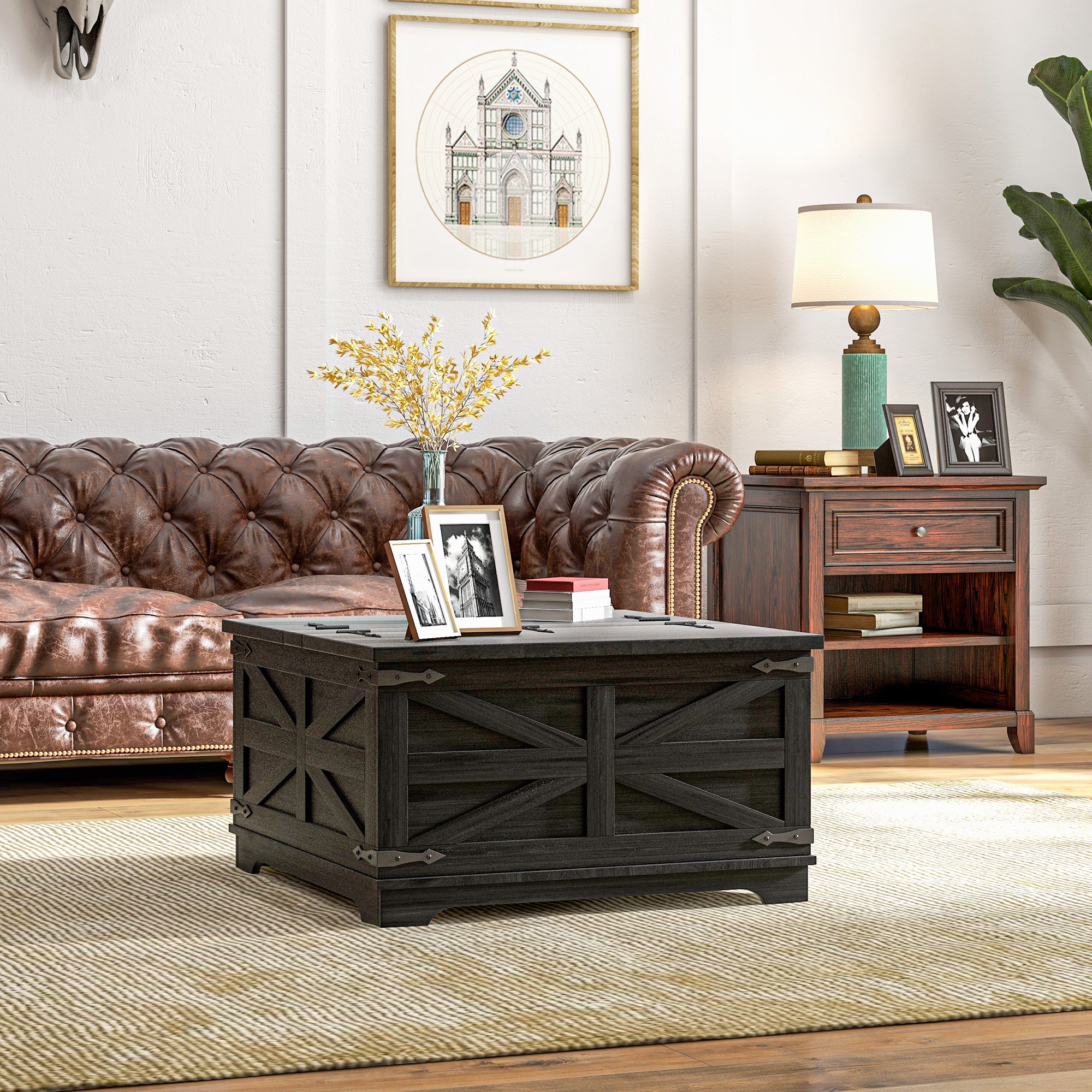 Farmhouse Coffee Table, Square Center Table with Flip-top Lids, Hidden Storage Compartment, Black Coffee Tables   at Gallery Canada