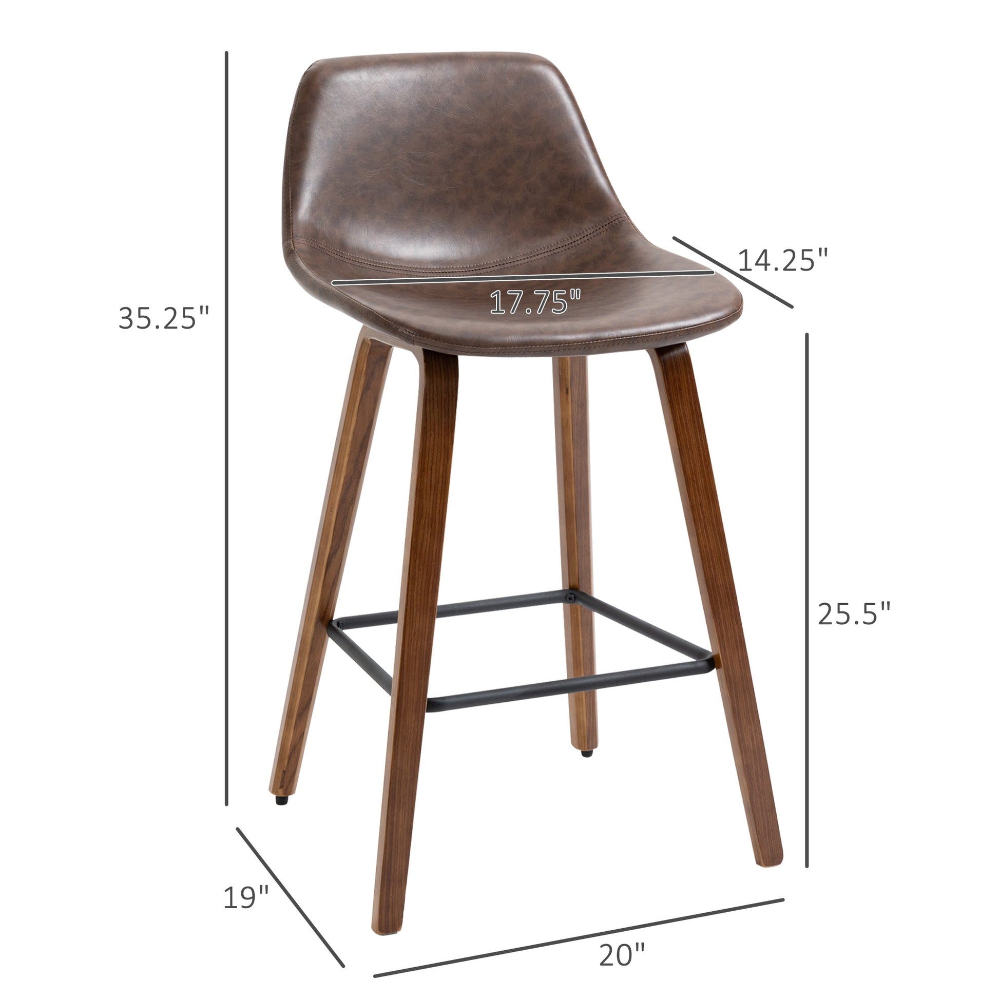 Counter Height Bar stools Set of 2 Mid-Back PU Leather Bar Chairs with Wood Legs, Brown Bar Stools   at Gallery Canada