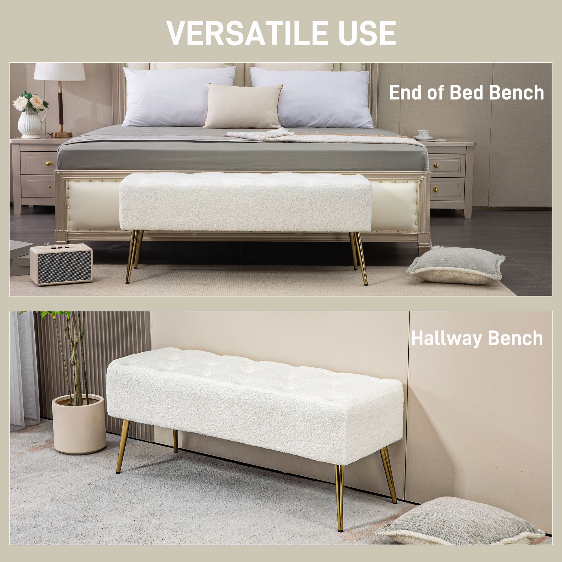 44" Lamb's Wool-Feel Upholstered Bedroom Bench, End of Bed Bench with Thick Padded Cushion and Steel Legs, Cream White Storage Ottomans & Benches   at Gallery Canada