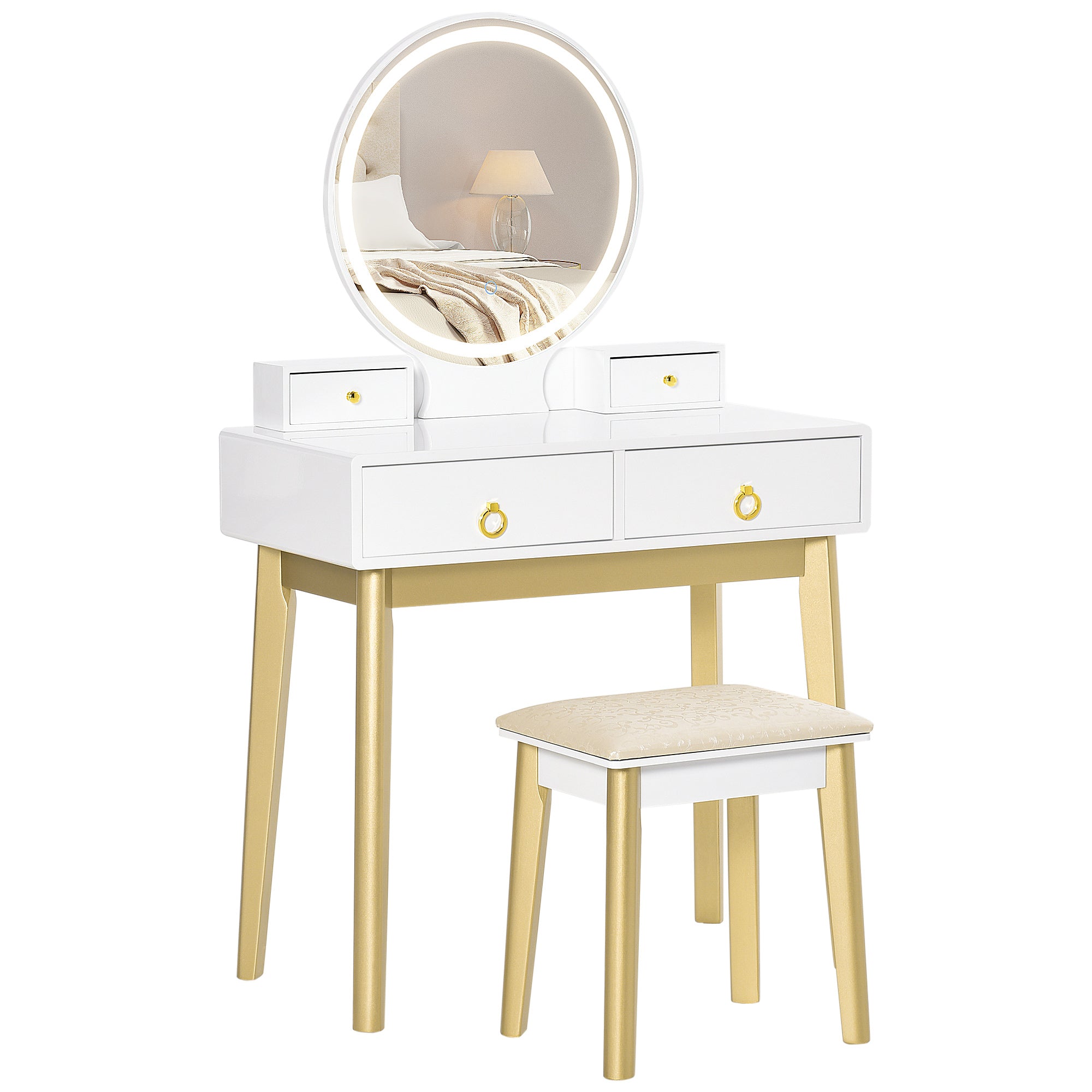 Makeup Vanity Table Set with Round Mirror, Built-in 3 Color LED Light, Dressing Desk with 4 Drawers and Cushioned Stool for Bedroom, White Dressing & Vanity Tables at Gallery Canada