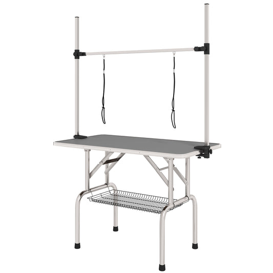 Adjustable Dog Grooming Table with 2 Safety Slings, Storage Basket, Grey - Gallery Canada
