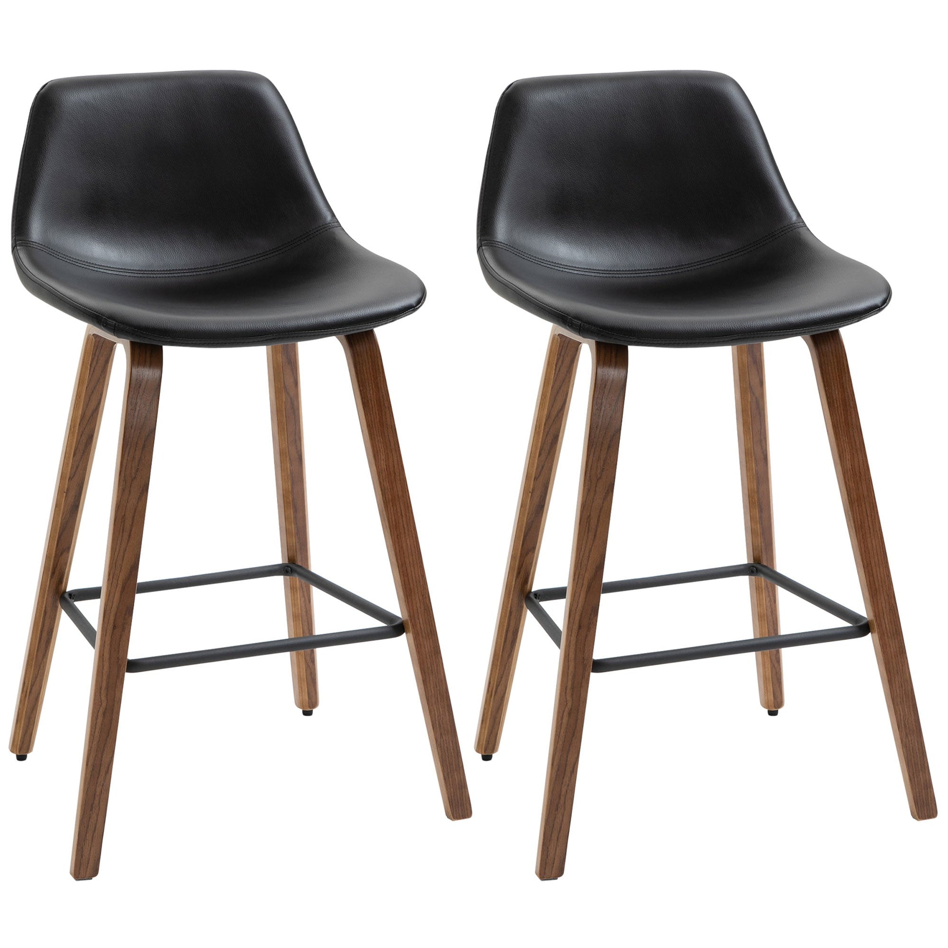 Counter Height Bar stools Set of 2 Mid-Back PU Leather Bar Chairs with Wood Legs, Black Bar Stools Black  at Gallery Canada