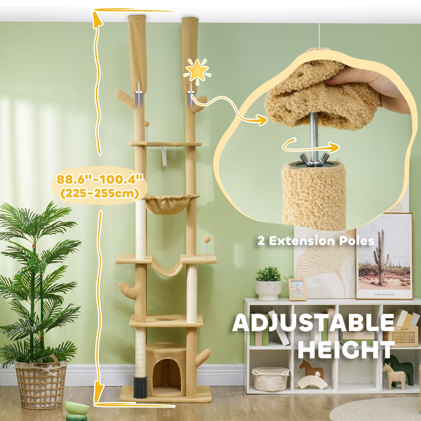 89"-100" Floor to Ceiling Cat Tree Cat Tower for Large Cats w/ Scratching Posts, Grooming Brush Post, Cat Condo, Brown Floor to Ceiling Cat Trees   at Gallery Canada