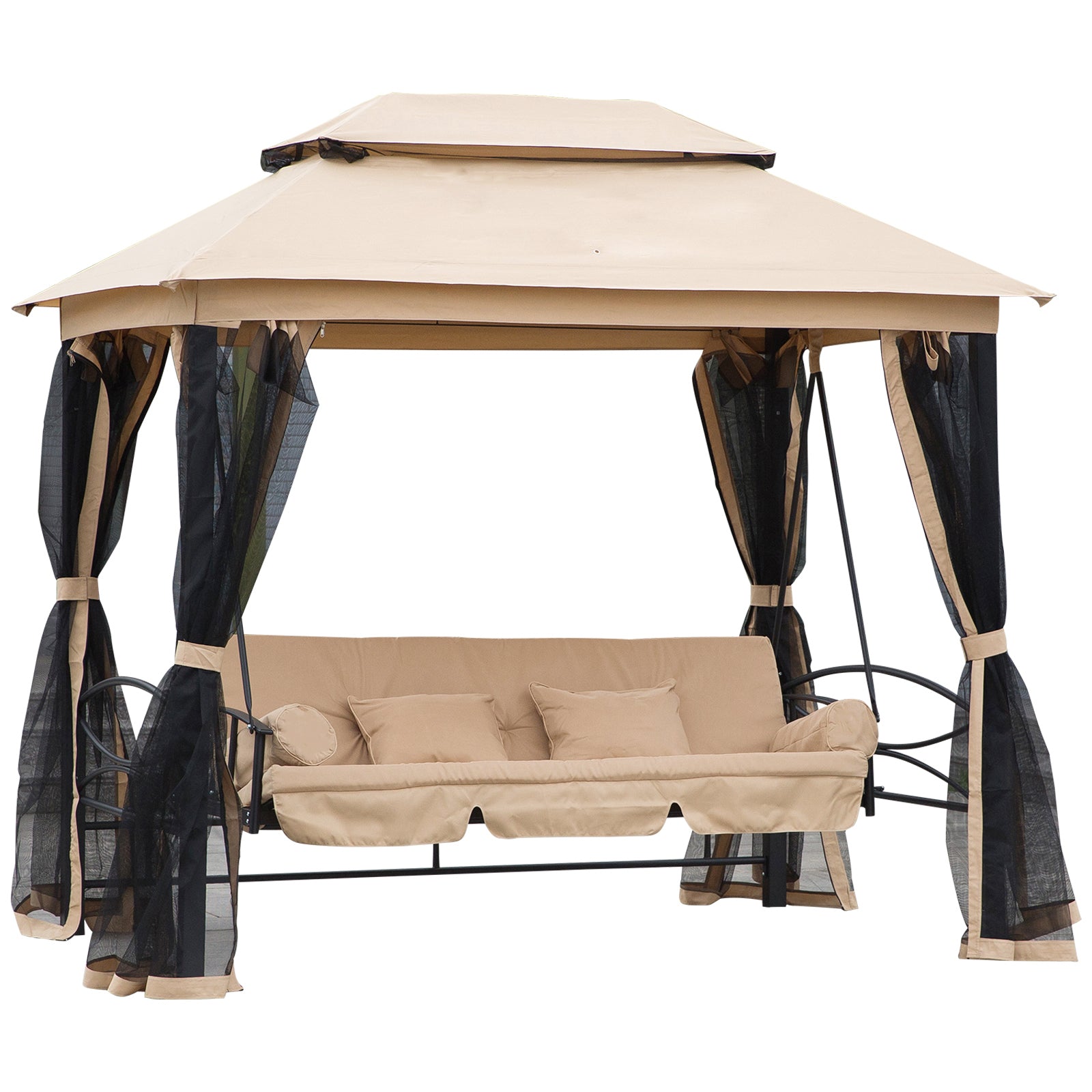 3 Person Outdoor Patio Daybed 3 in 1 Canopy Gazebo Swing Chair Garden Hammock with Mesh Mosquito Net and Sun Shade, Beige Porch Swings with Canopy Beige, Black at Gallery Canada