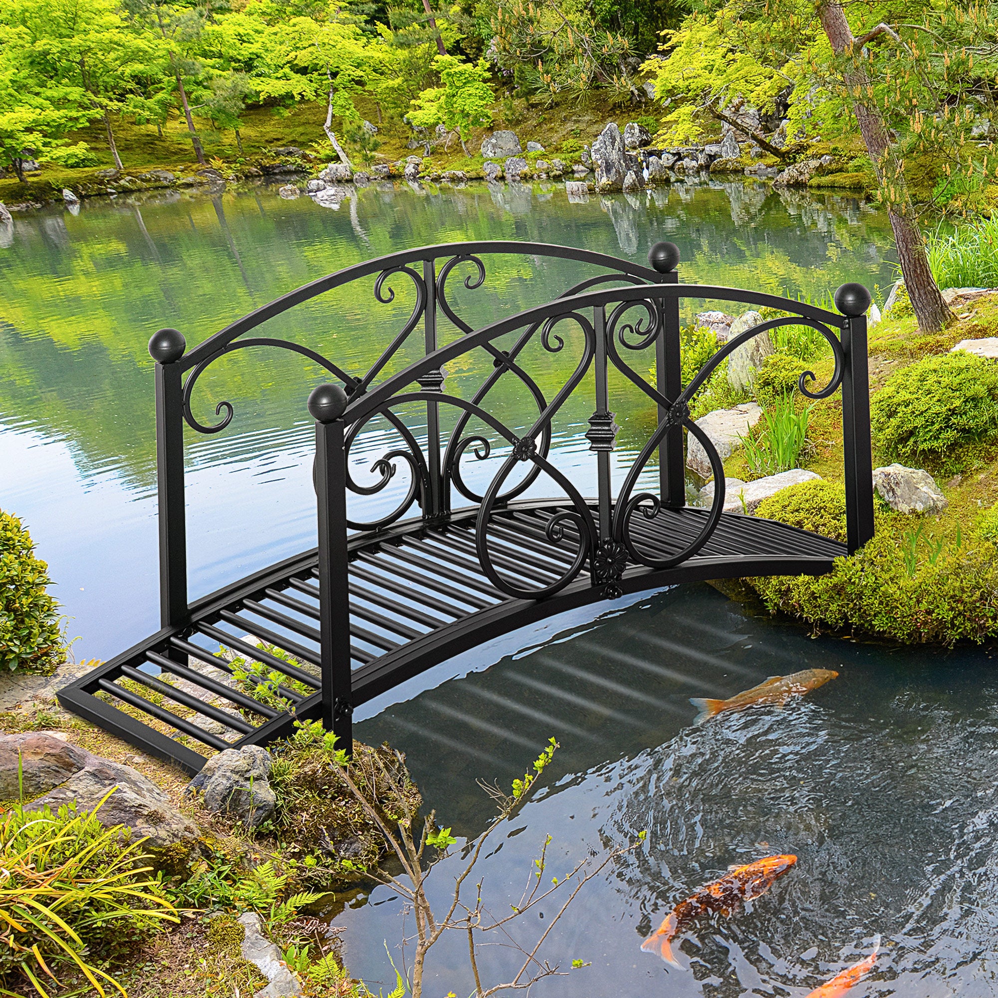 Garden Bridge 3.3FT, Decorative Classic Backyard Pond Bridge with Safety Railings Black Garden Decor at Gallery Canada