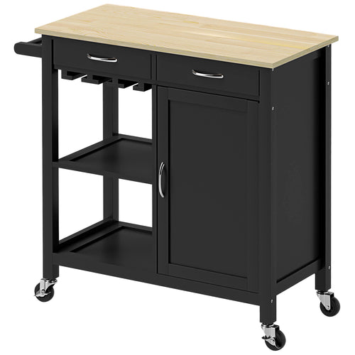 Kitchen Storage Trolley Cart Serving Cart 2 Drawers Wine Glass Rack Towel Rail