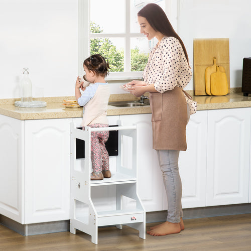 2-in-1 Kids Kitchen Helper Step Stool, Detachable Toddler Table and Chair Set, Children Standing Tower for Kitchen Counter with Safety Rail Chalkboard, White