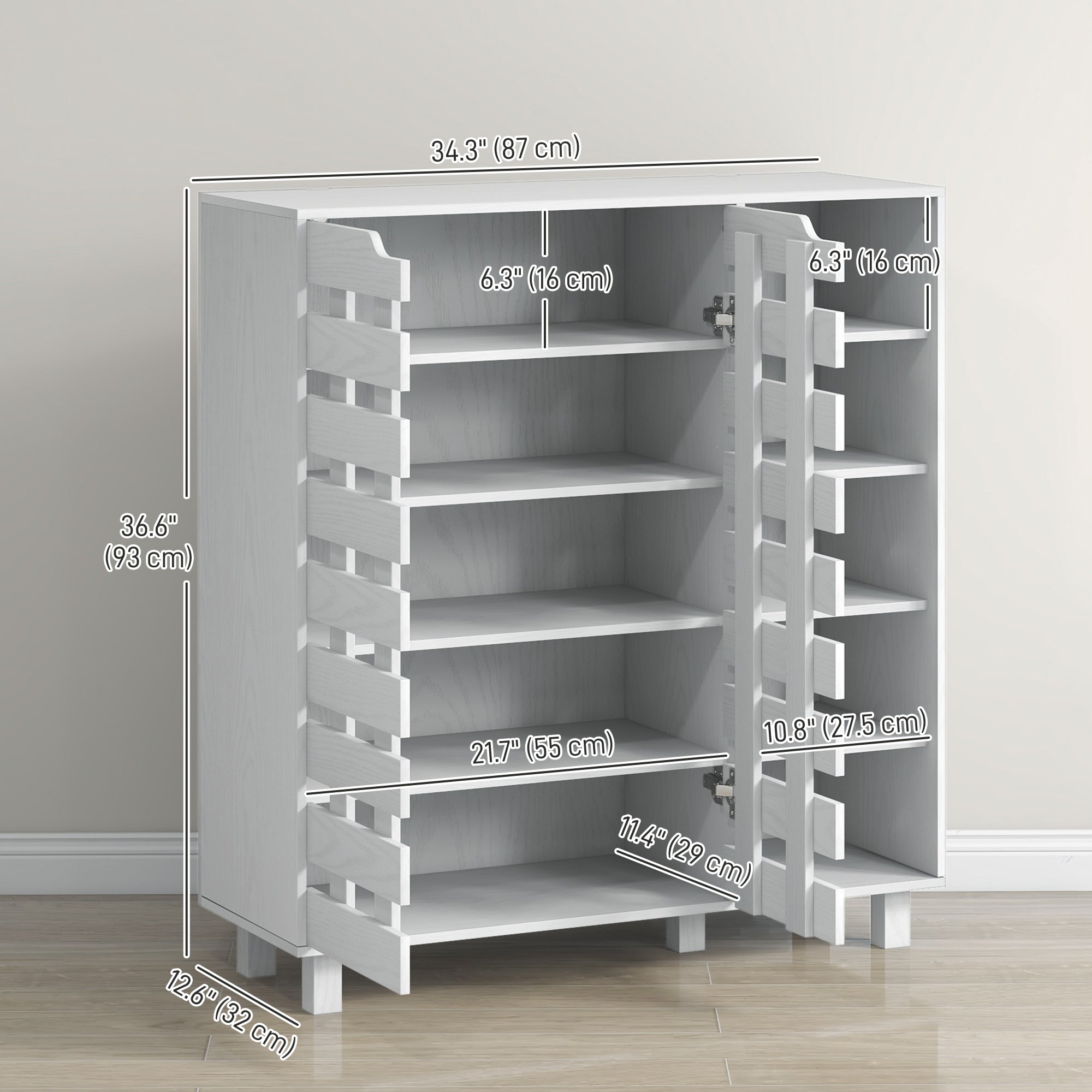 Shoe Cabinet, 21 Pair Shoe Storage Cabinet Organizer with 5-tier Double Door Cupboard and 5-tier Open Shelves, White Shoe Storage Cabinets & Racks   at Gallery Canada