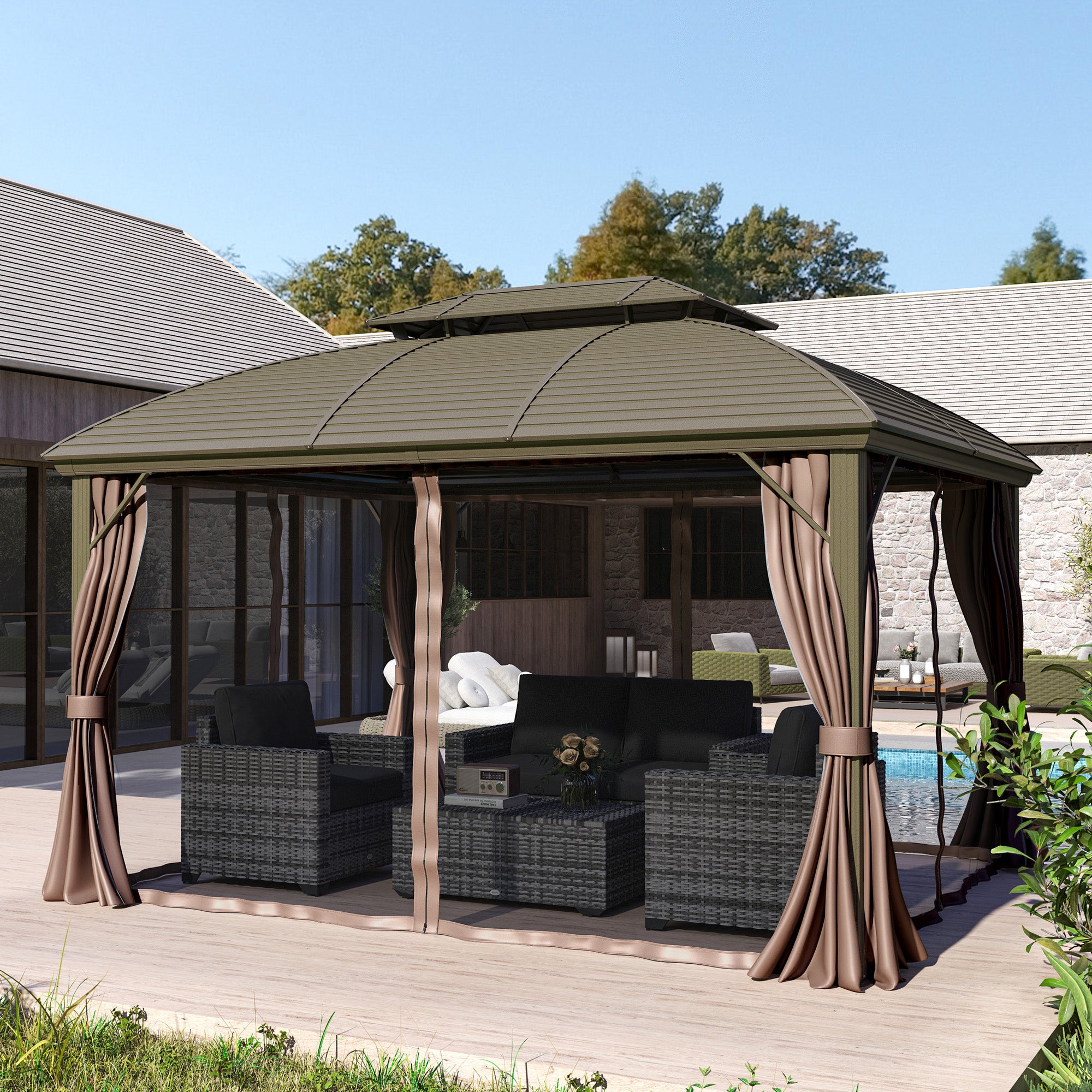 10' x 12' Hardtop Gazebo Canopy with Double Roof, Netting and Curtains for Garden, Backyard, Deck, Coffee Gazebos at Gallery Canada