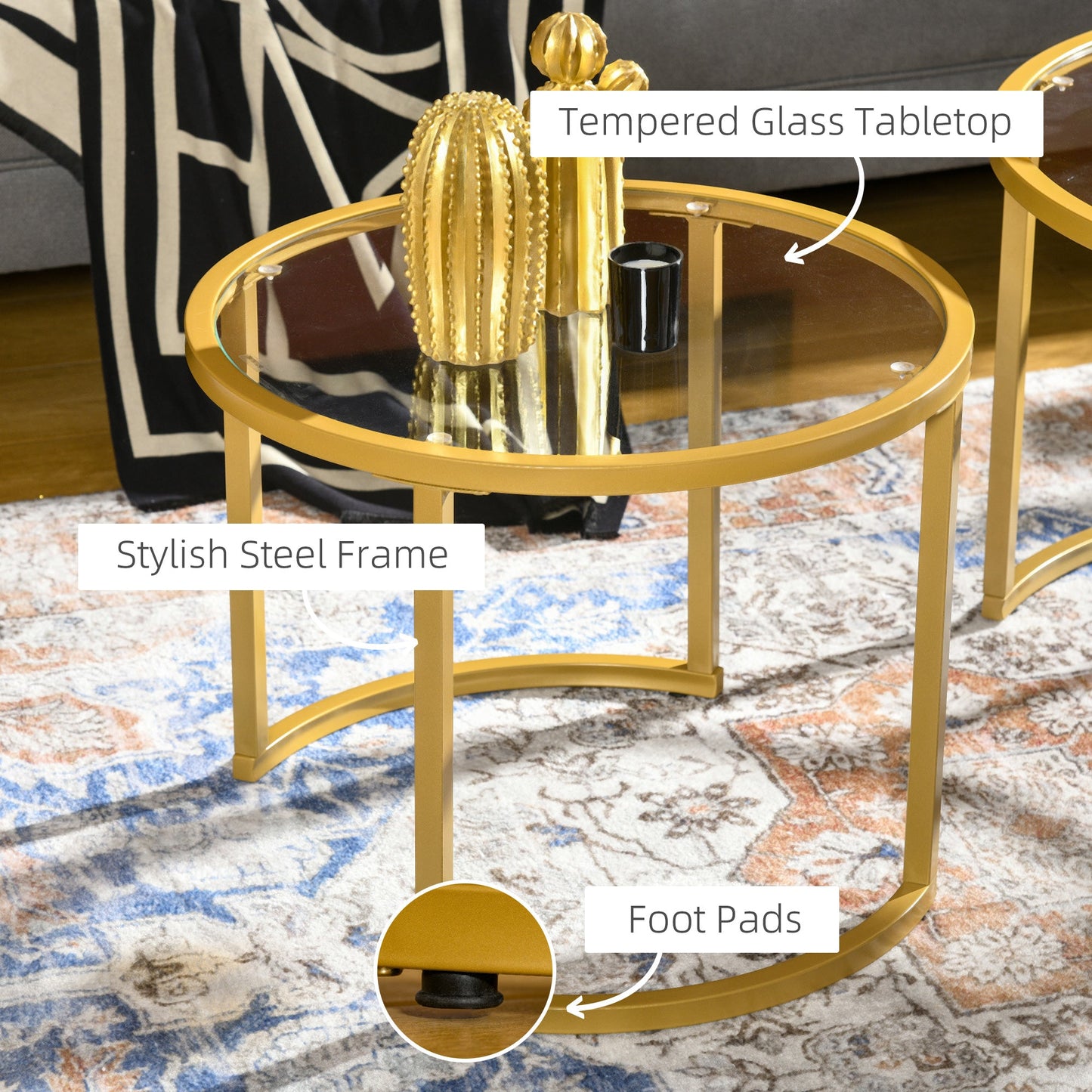 Round Coffee Table Set of 2, Modern Nesting Tables with Tempered Glass Top and Steel Frame for Living Room, Gold Coffee Tables   at Gallery Canada