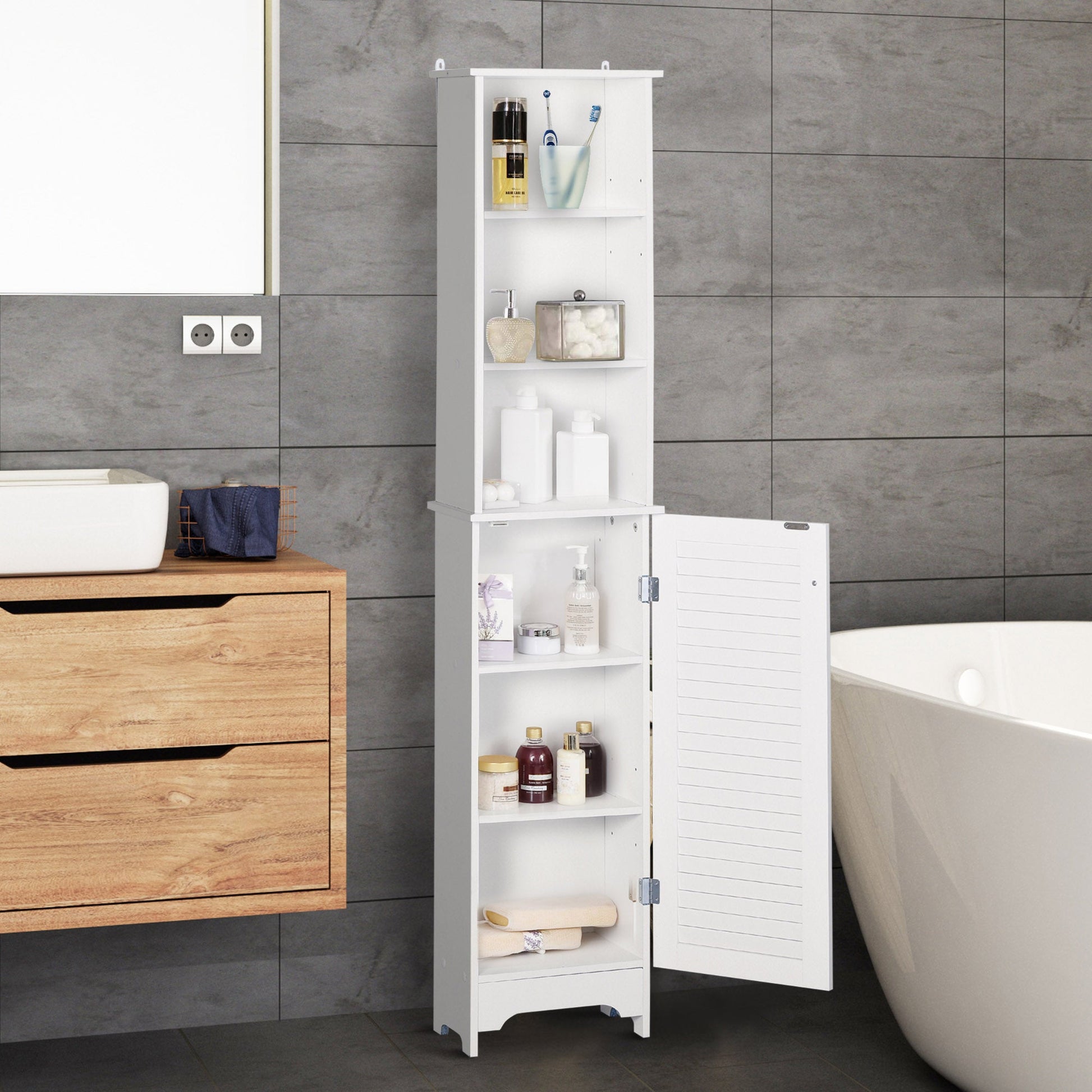 Tall Bathroom Storage Cabinet, Freestanding Linen Tower with 3-Tier Open Adjustable Shelf and Cupboard, White Bathroom Cabinets   at Gallery Canada