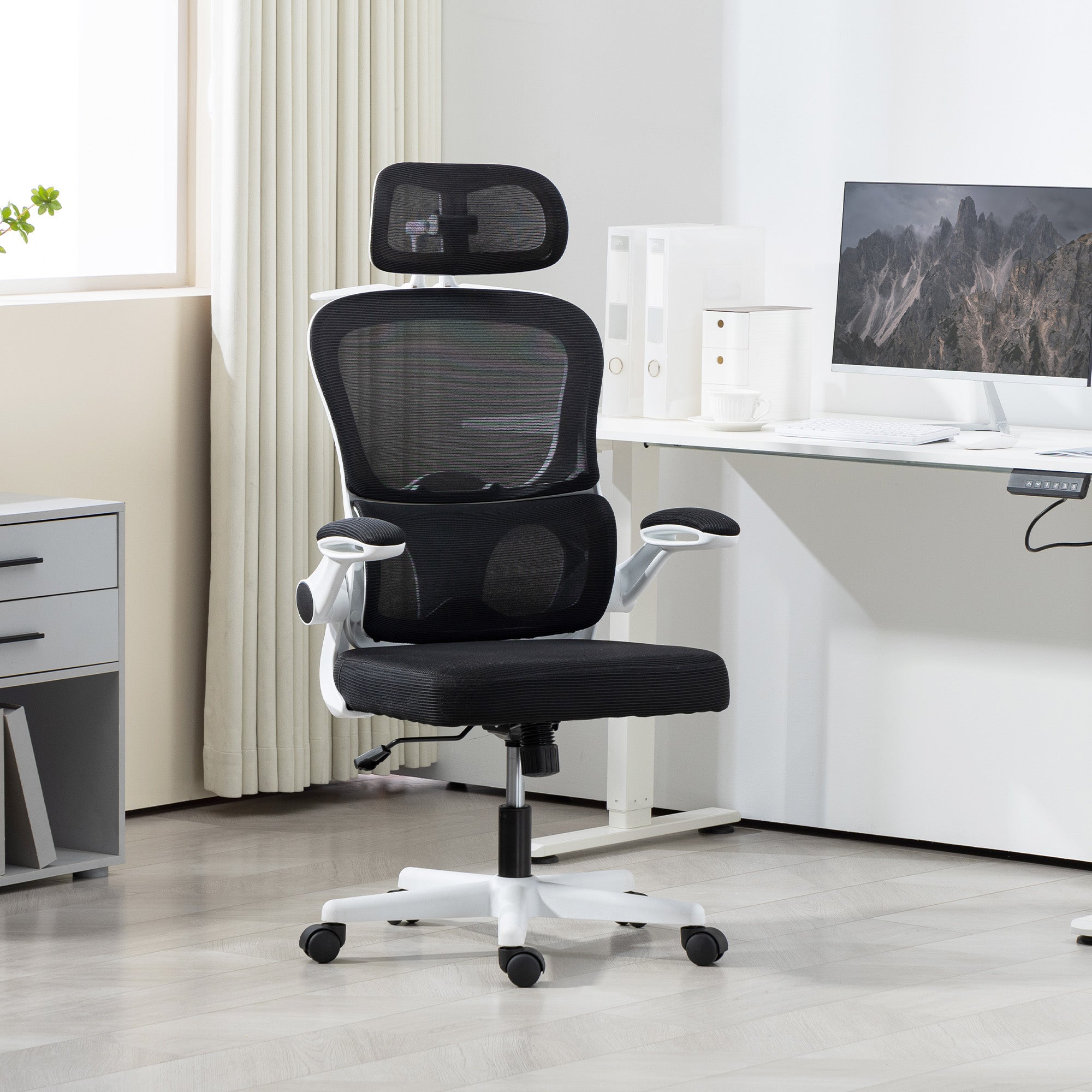 Mesh Office Chair, Ergonomic Desk Chair with Flip-up Armrest, Rotatable Headrest, Adjustable Lumbar Support, Black Office Chairs at Gallery Canada