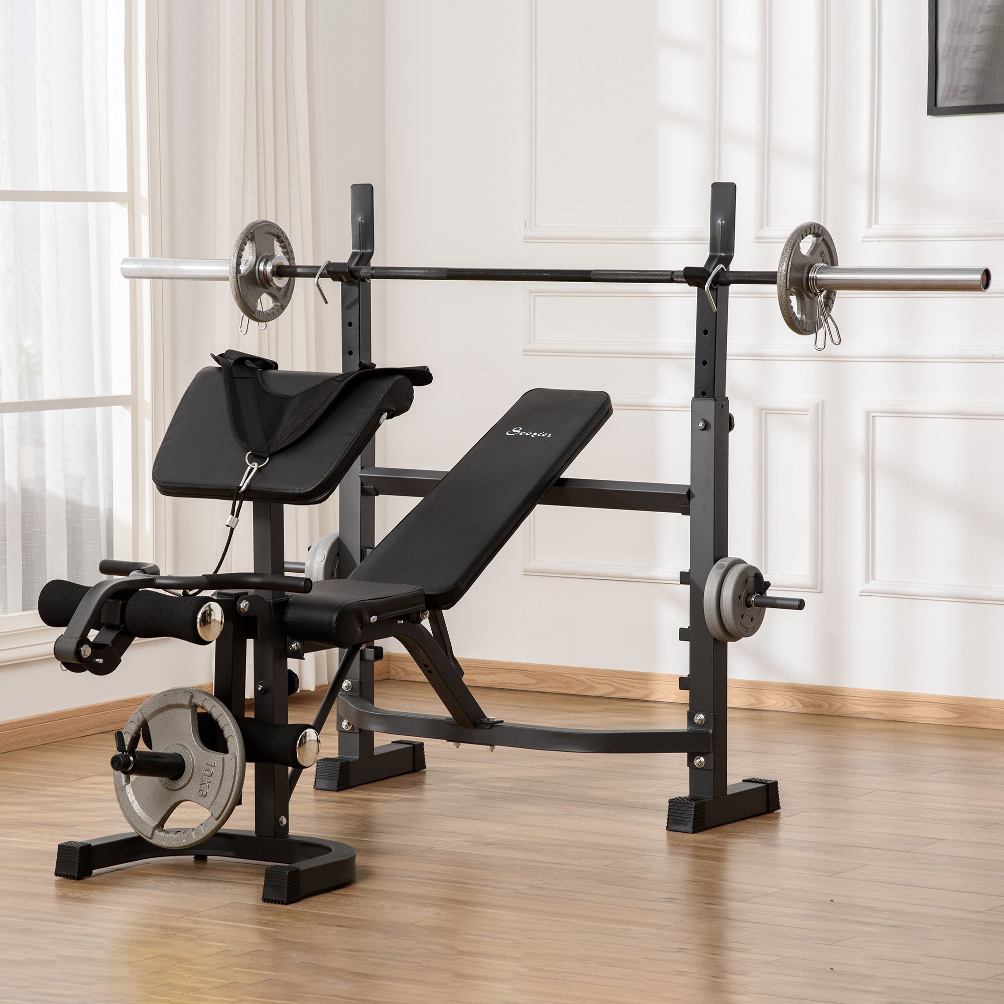 Weight Bench Stand with Squat Rack, Adjustable Olympic Bench, Multifunctional Arm Curl Pad, Leg Extension, Grey Weight Benches   at Gallery Canada