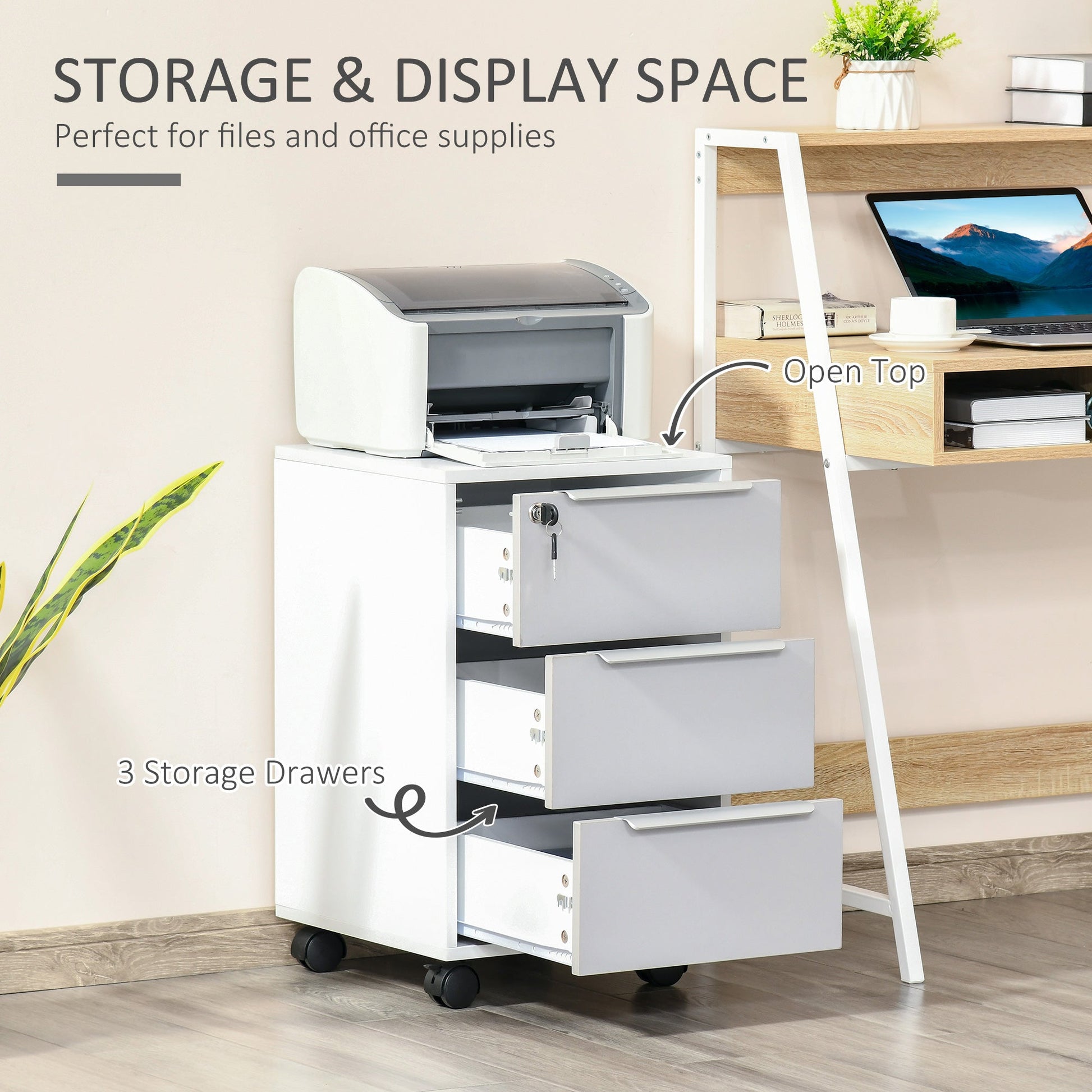 Vertical Filing Cabinet with Lock, 3 Drawer File Cabinet with Wheels, Home Office Organizer, White and Grey Office Cabinets & Cupboards   at Gallery Canada