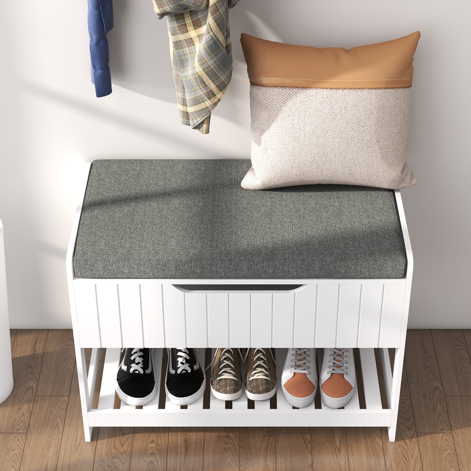 Wall Mounted Coat Rack with Shoe Storage Bench, Hall Tree and Bench, Clothes Hanger Rack with Shelves for Hallway White Clothing Storage   at Gallery Canada