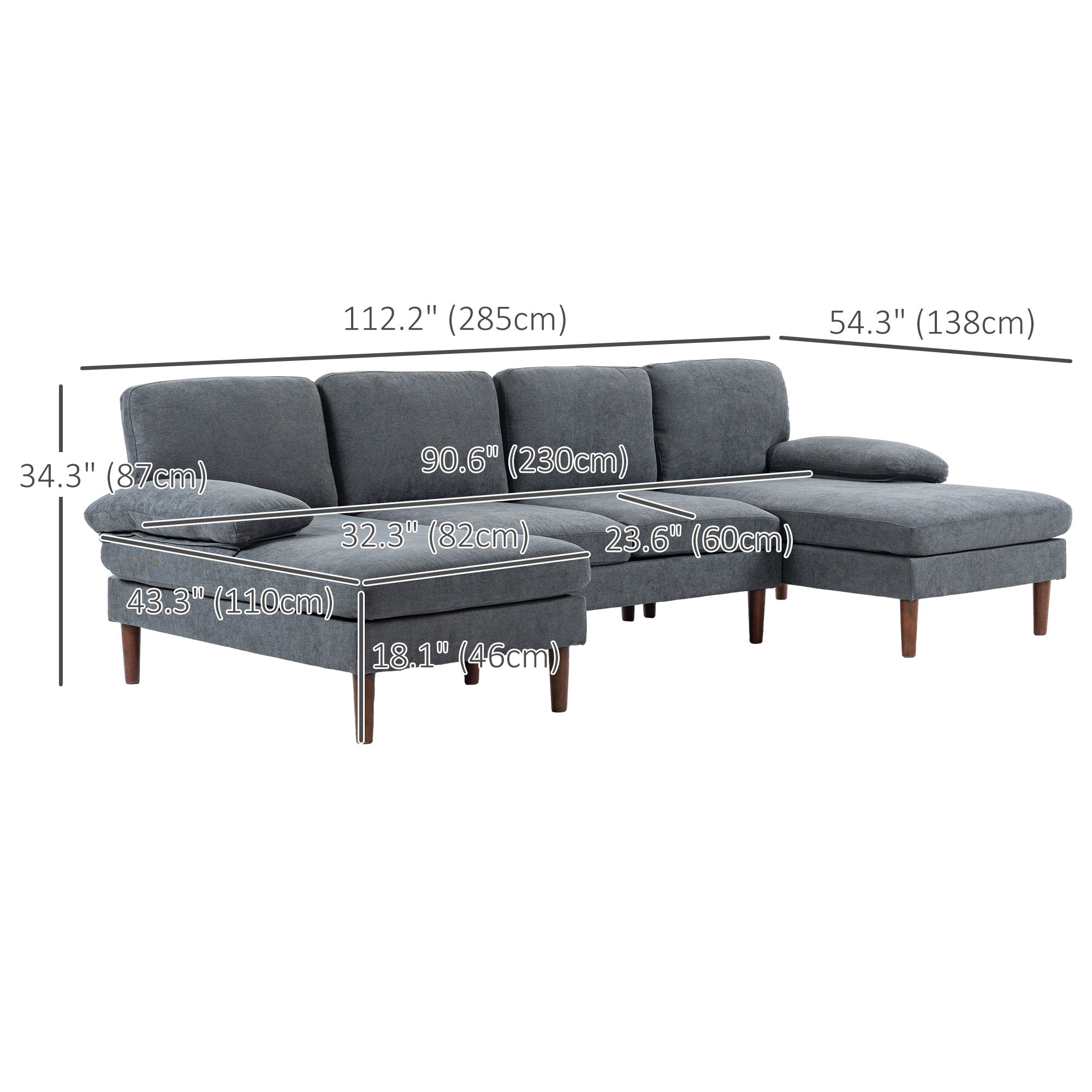 U Shape Couch with Double Chaise Lounge, Modern 4 Seater Sofa with Wooden Legs, Fabric Sofa for Living Room, Dark Grey 3-Seater Sofas   at Gallery Canada