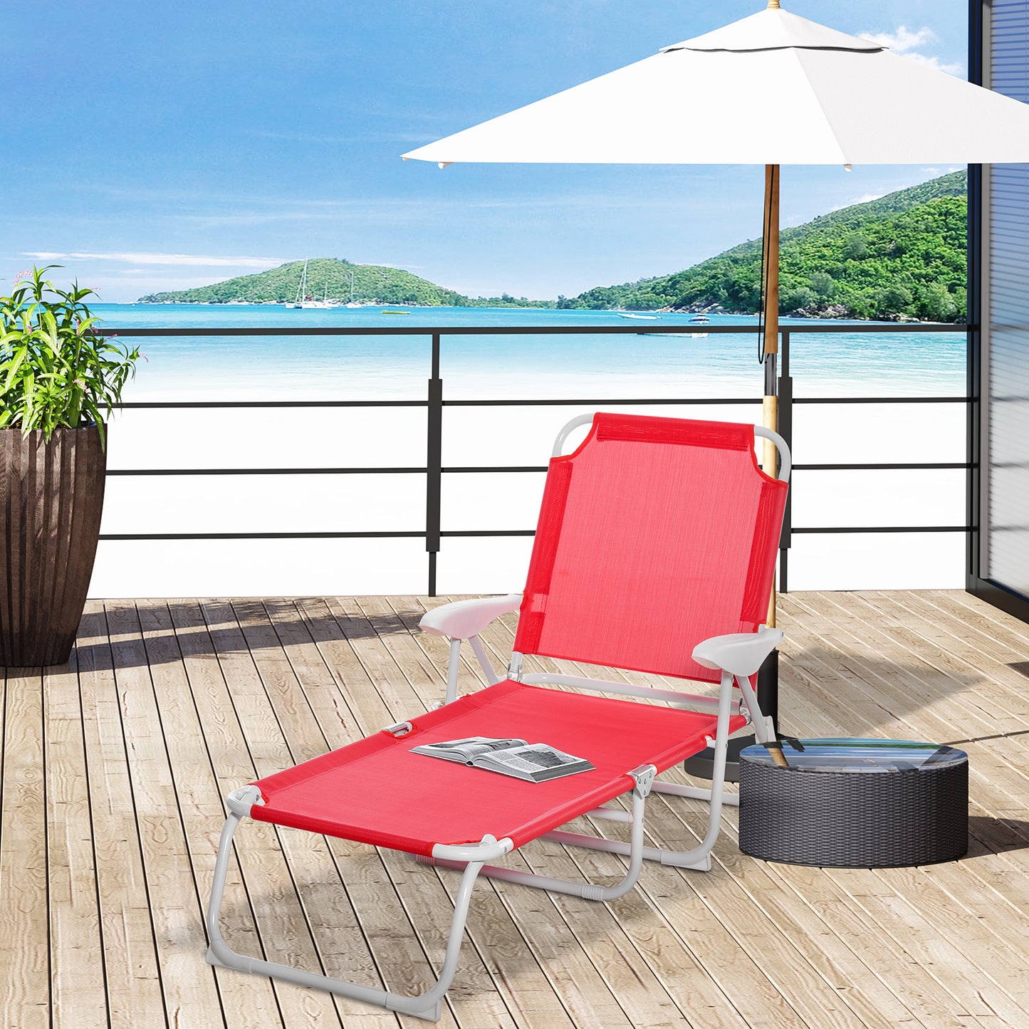 Outdoor Sun Lounger, Folding Chaise Lounge with 4-level Adjustable Backrest Lounger Chairs Red  at Gallery Canada