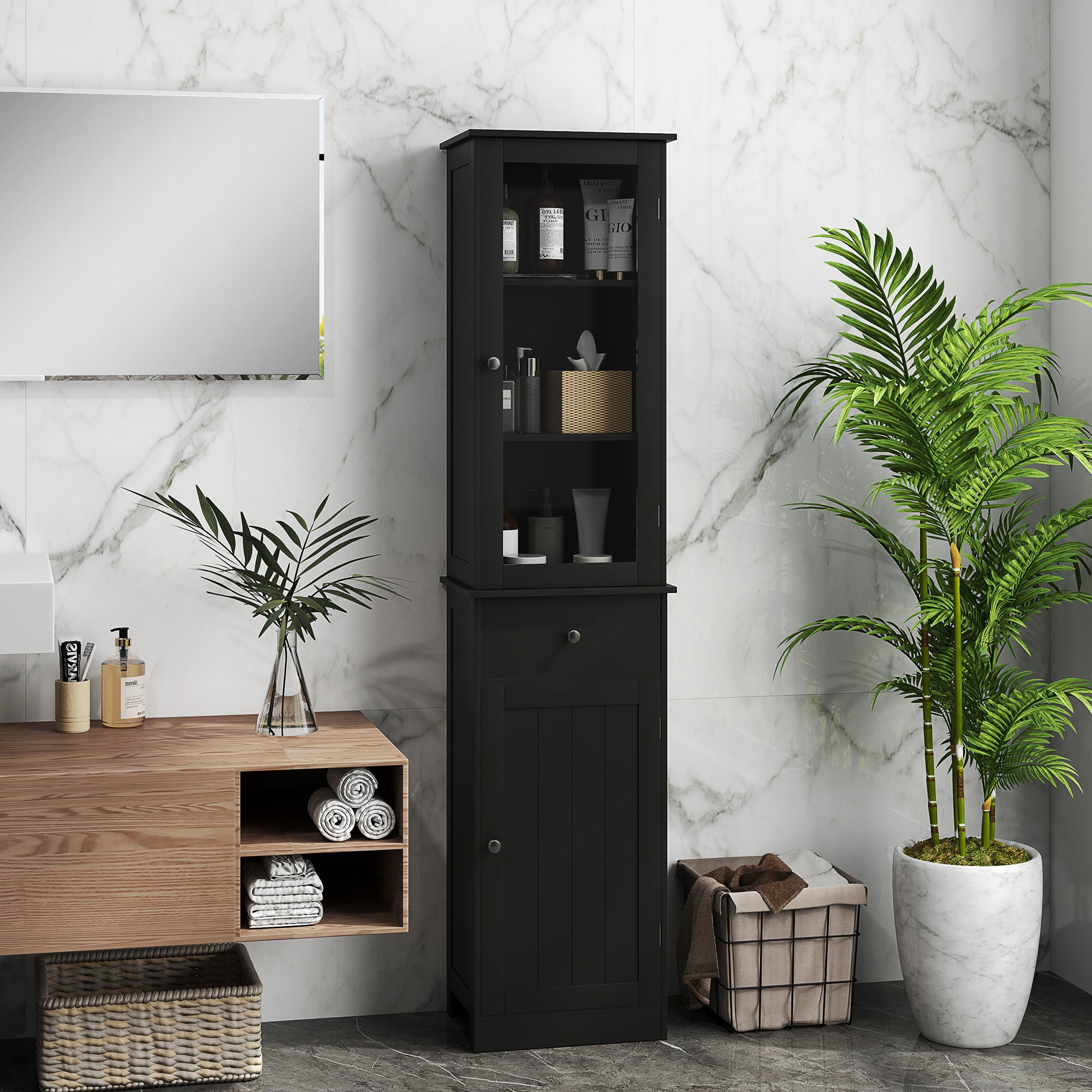 Tall Bathroom Cabinet, Bathroom Storage Cabinet with Drawers, 2 Doors and Adjustable Shelves, Black Bathroom Cabinets at Gallery Canada