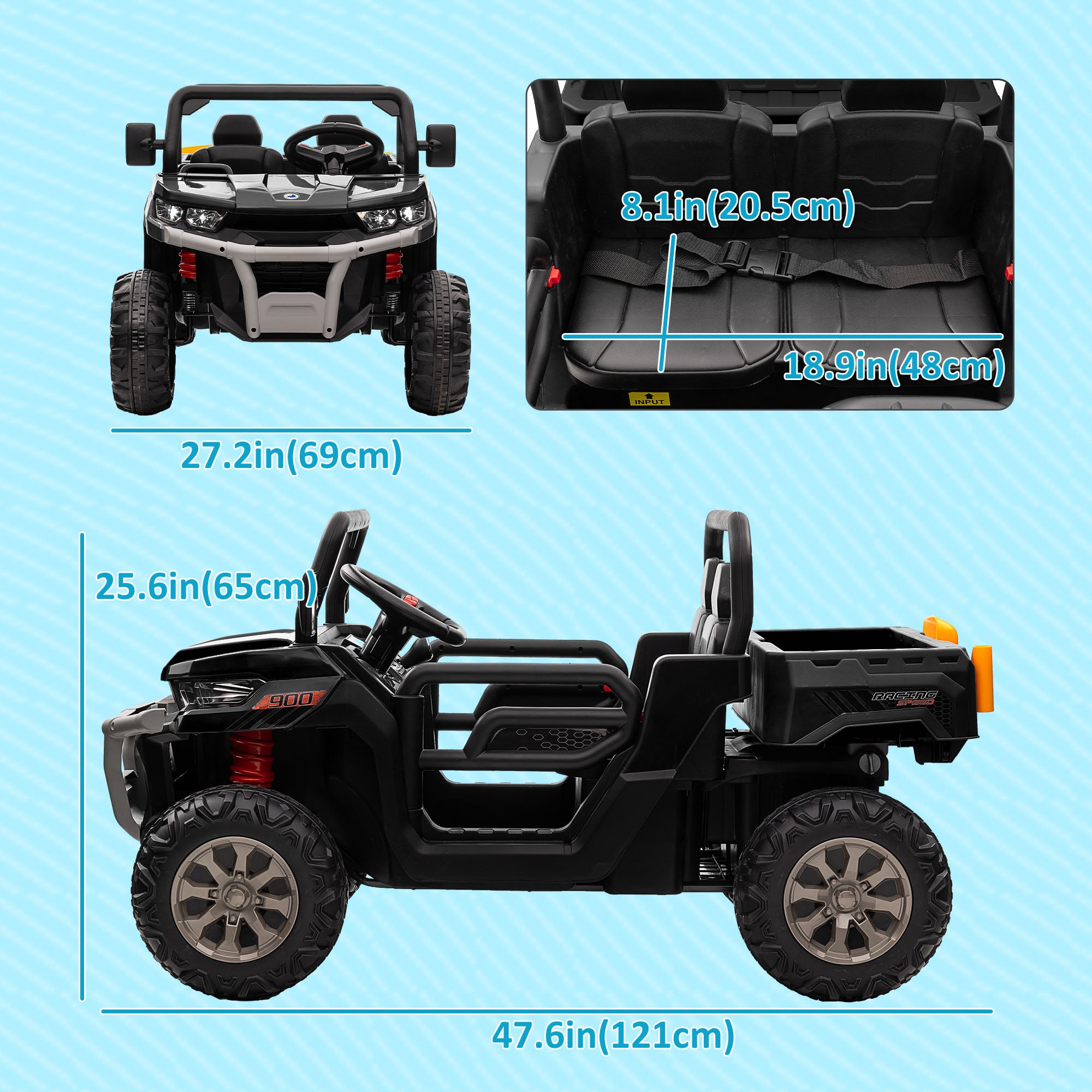 12V Ride on Car with Electric Bucket, Two-Seater, Shovel, Remote Control, Spring Suspension, Horn, Music, Black Electric Toy Cars   at Gallery Canada