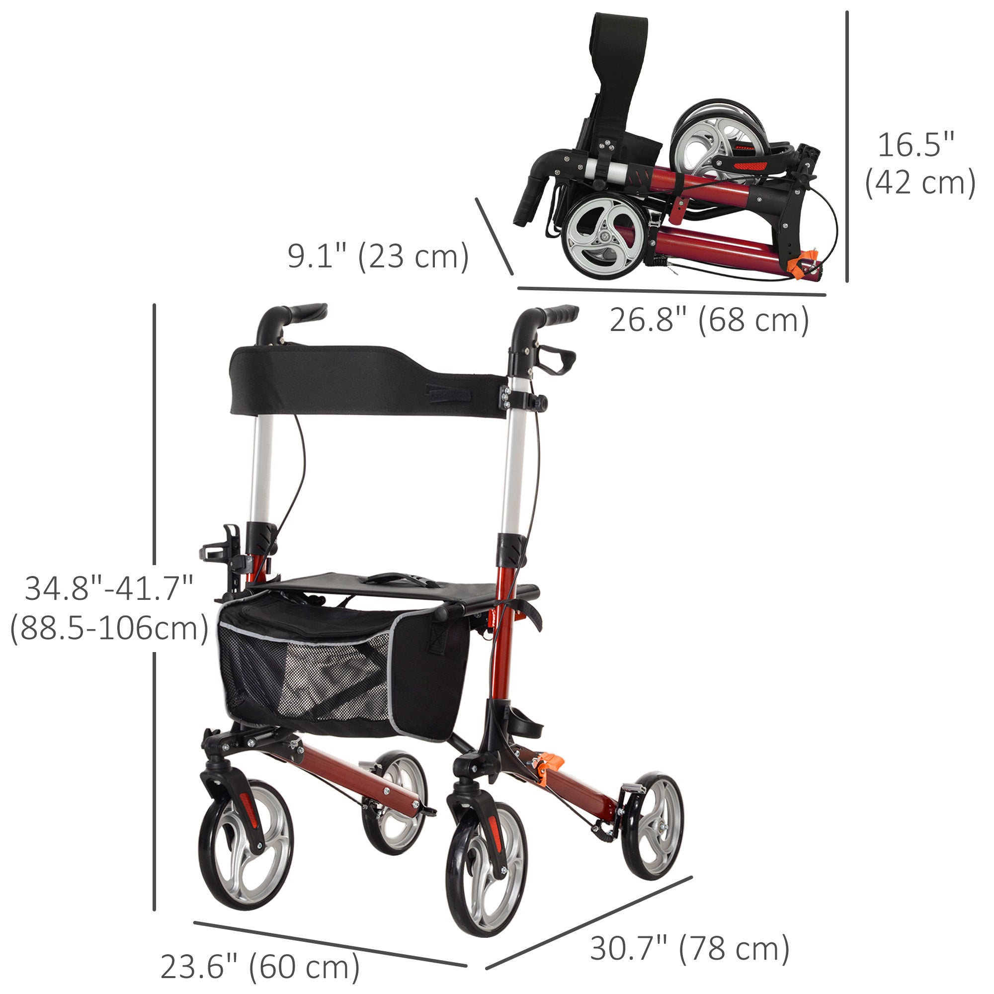 Lightweight Folding Rolling Walker with Large Seat, Back, Adjustable Handle, Bag, Dual Brake, Cane Holder, Red Knee Walker & Wheelchair Ramps at Gallery Canada