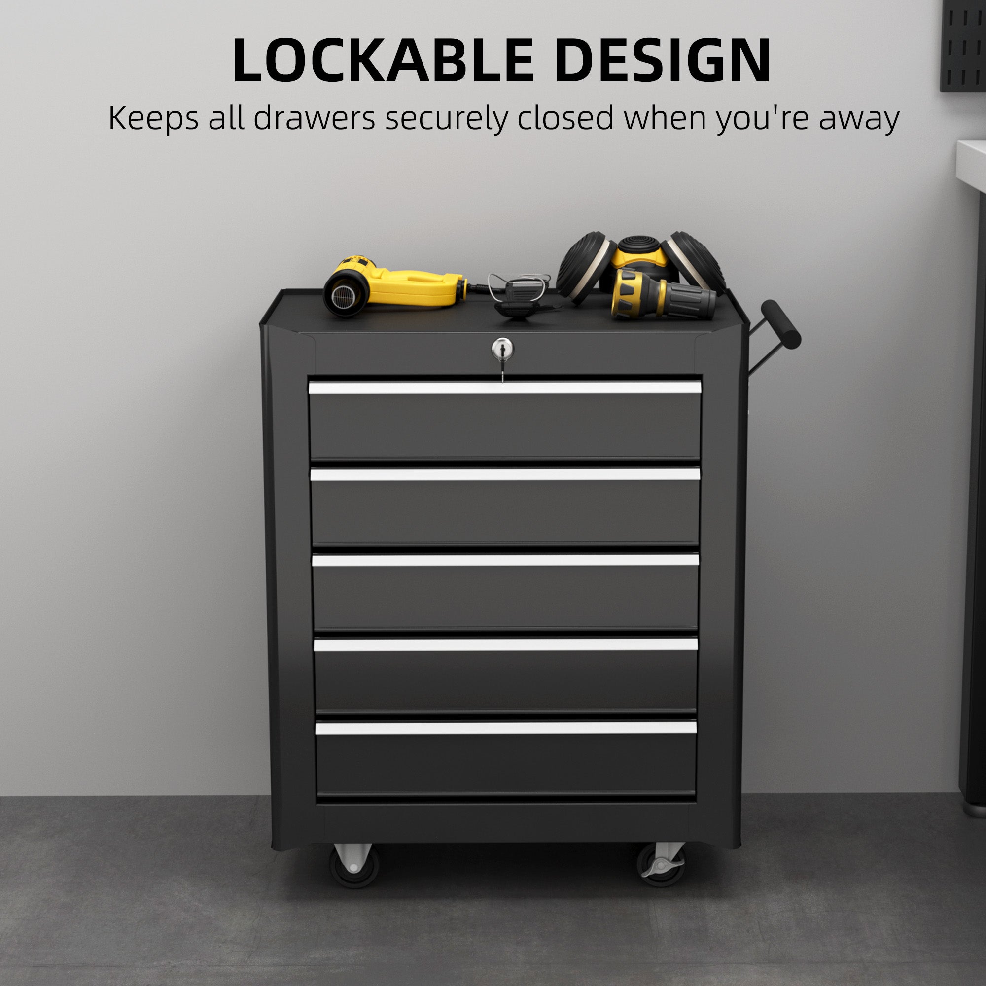 5 Drawer Roller Tool Chest, Mobile Lockable Toolbox, Storage Organizer with Handle for Workshop Mechanics Garage, Black Tool Organizers at Gallery Canada