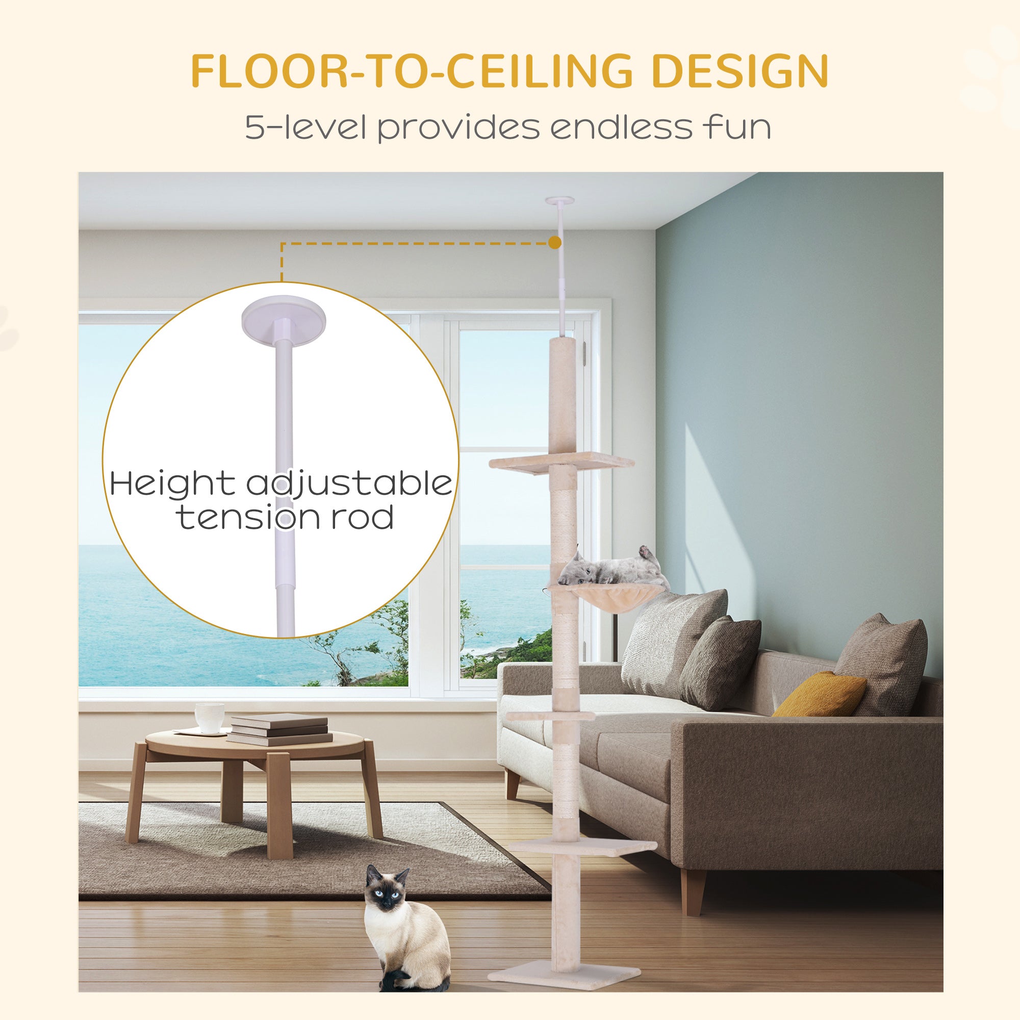 8.5ft Cat Climbing Tree 5-Tier Kitty Activity Center with Scratching Post Beige Floor to Ceiling Cat Trees at Gallery Canada