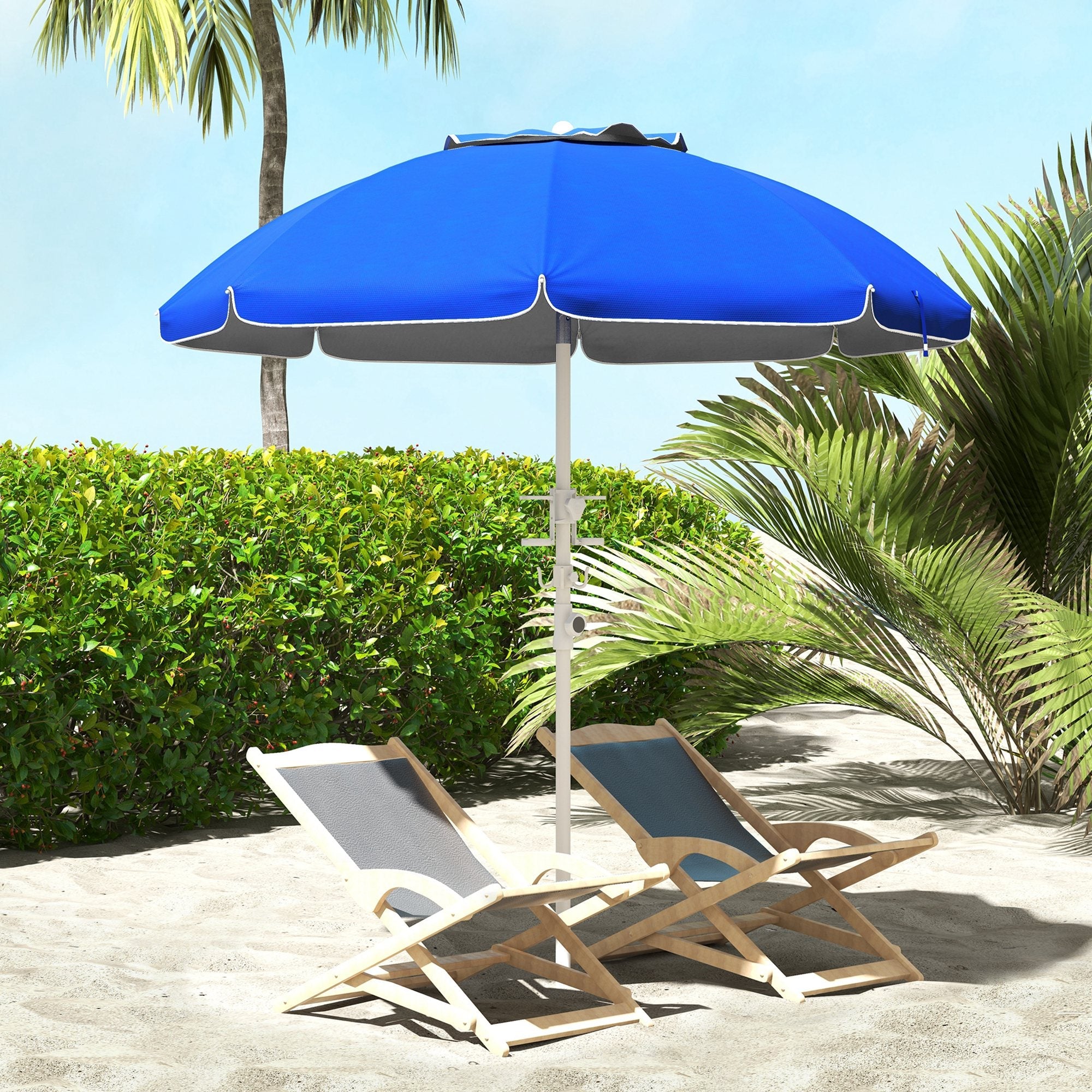 5.7' Beach Umbrella for Travel with Tilt, Adjustable Height, 2 Cup Holders, Hook, Vent, Ruffles, Sapphire Blue Beach Umbrellas   at Gallery Canada