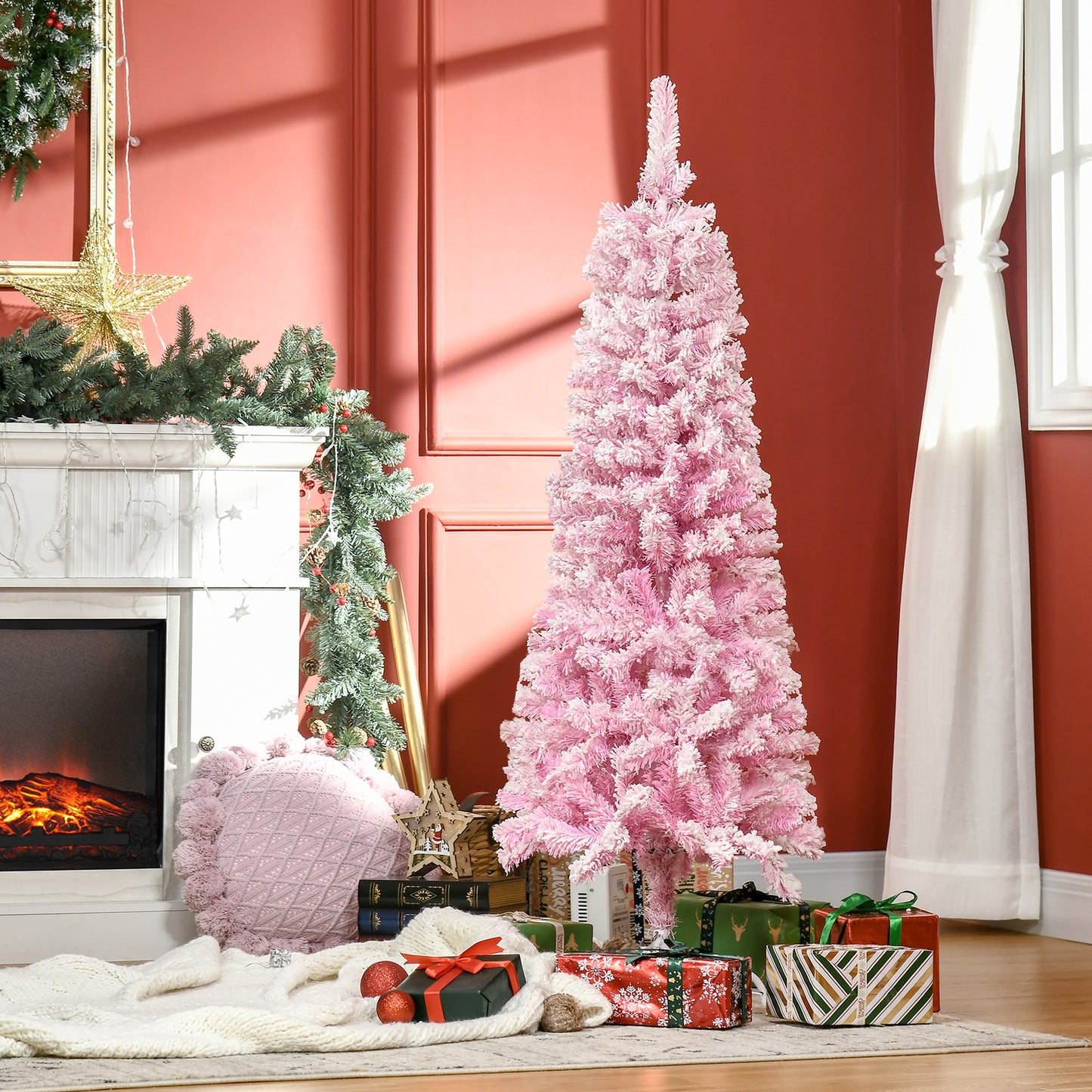 4 ft Flocked Pencil Christmas Tree, Artificial Christmas Tree with Realistic Branches, Auto Open and Steel Base, Pink Pencil Christmas Trees Multi Colour  at Gallery Canada