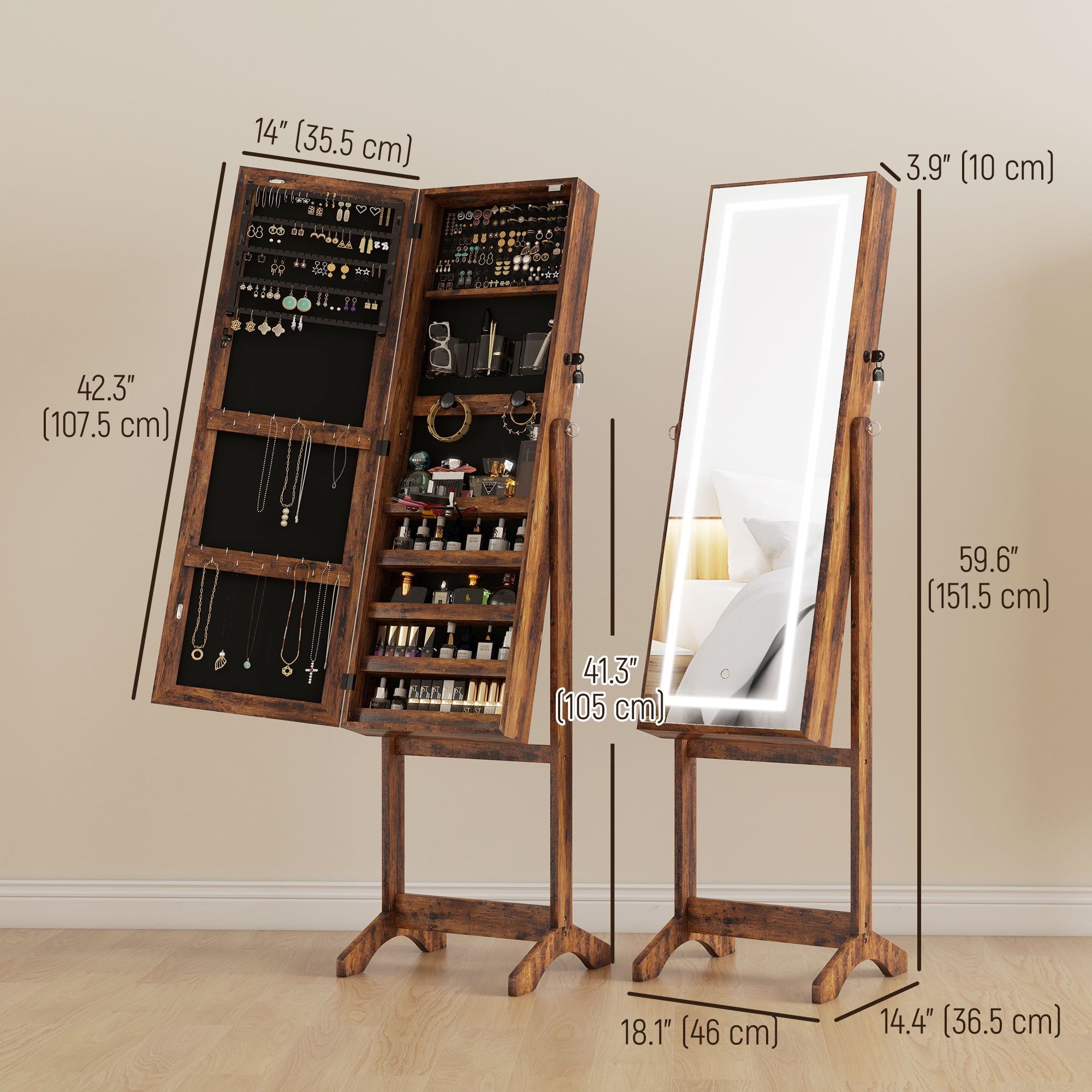 Lockable Jewelry Armoire with LED Light, Standing Mirror with Storage for Bedroom Dressing Room, Rustic Brown Jewelry Armoire & Jewellery Mirror Cabinets at Gallery Canada