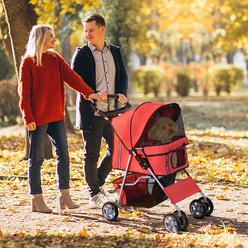 4 Wheel Dog Pet Stroller Dog Cat Carrier Folding Sunshade Canopy with Brake, Red
