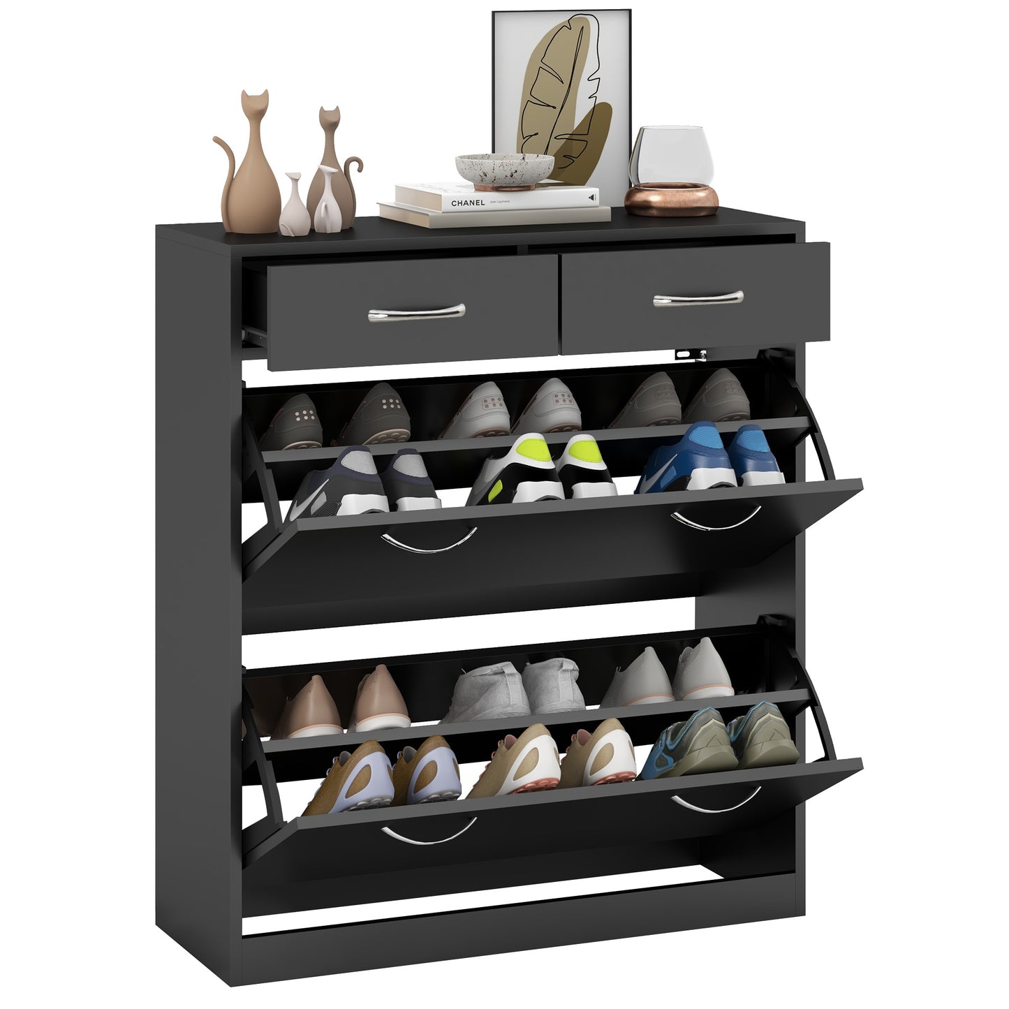 Narrow Shoe Storage with 2 Flip Drawers and Adjustable Shelves Shoe Cabinet Organizer for 12 Pairs of Shoes, Black Shoe Storage Cabinets & Racks at Gallery Canada