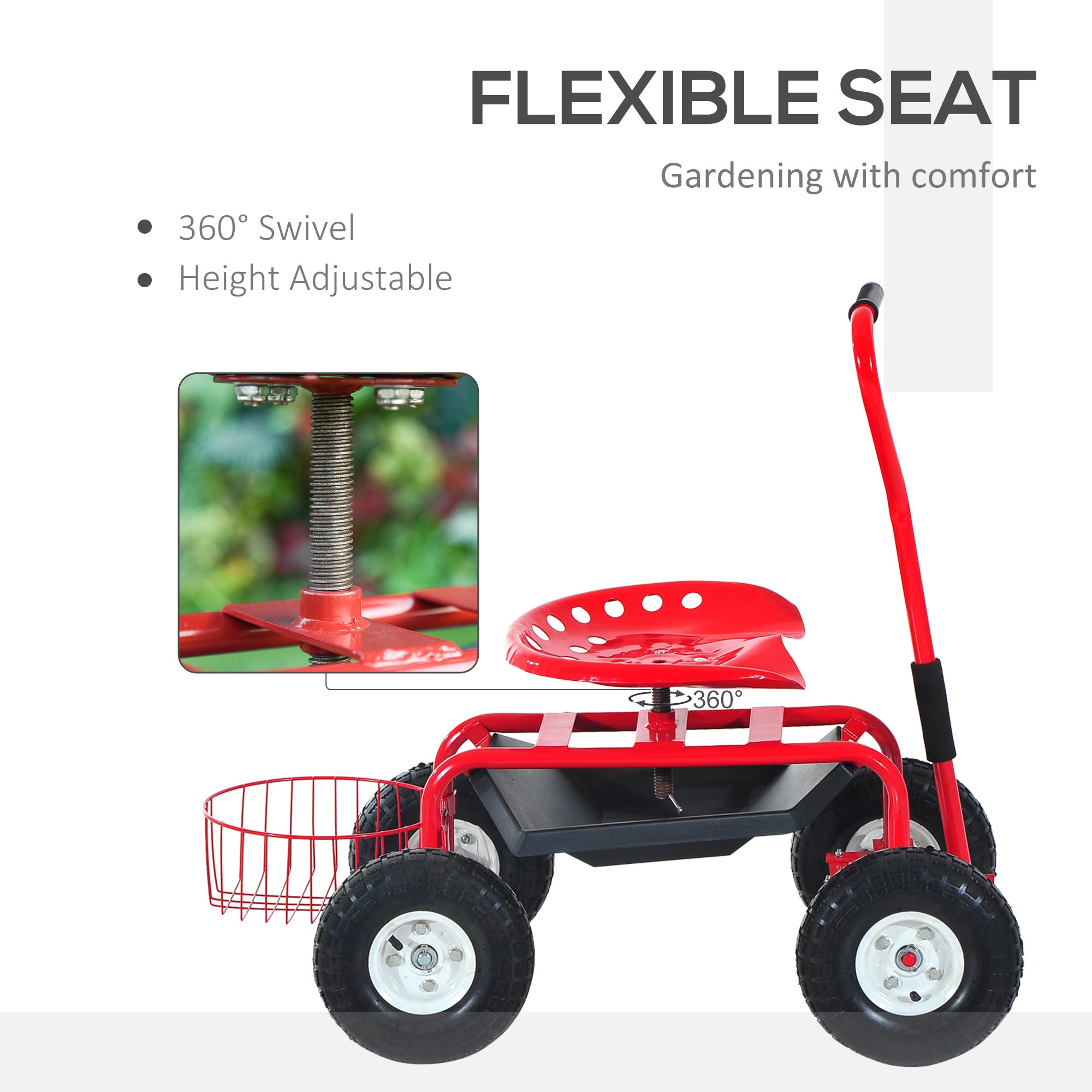 Garden Scooter, Rolling Cart with Swivel and Adjustable Seat, Tool Tray, Bucket Basket, Red and Black Folding Garden Carts at Gallery Canada