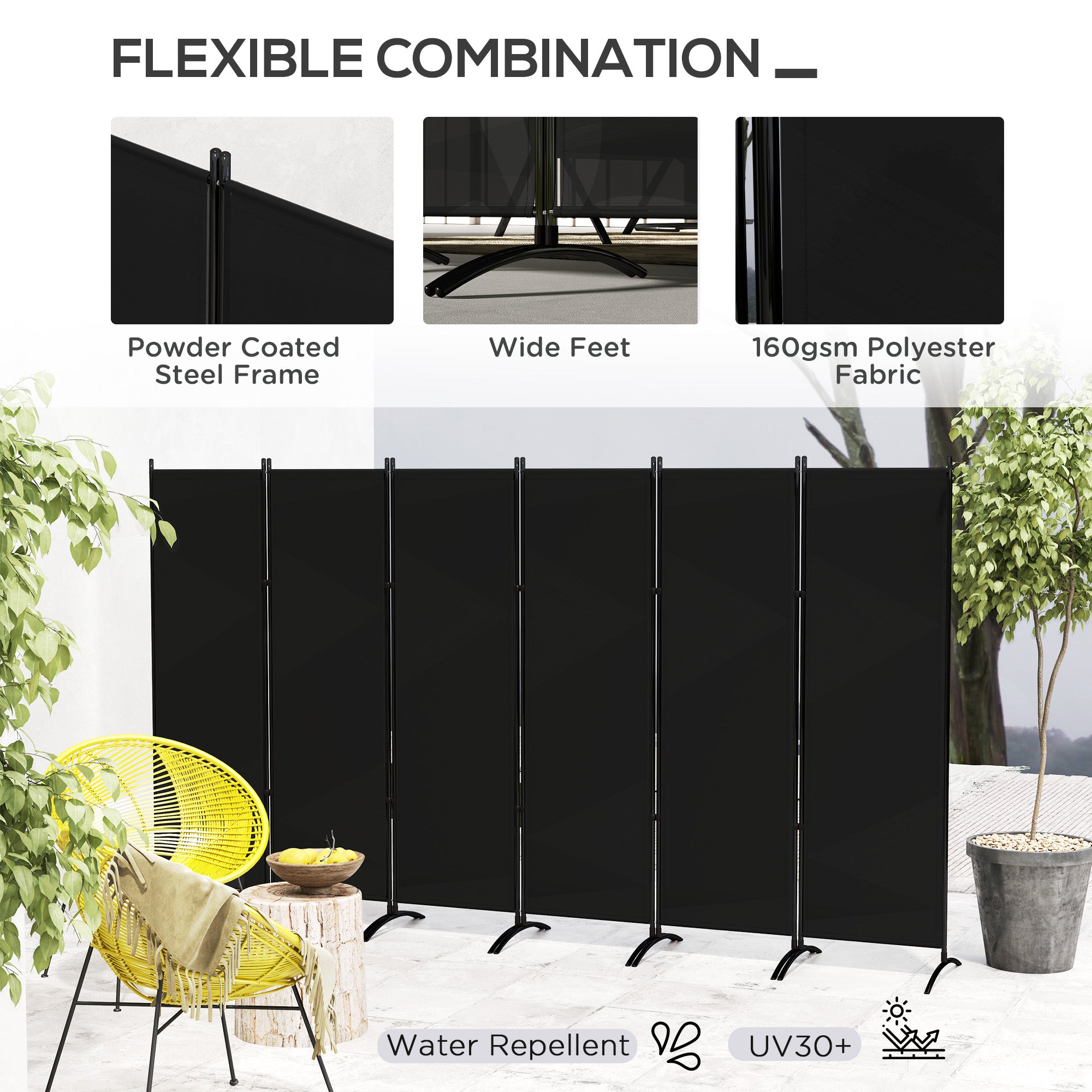 6 Panel Folding Room Divider, UV30+ Privacy Screen, Indoor Outdoor Privacy Panel with Stable Base, Black Side Awnings at Gallery Canada