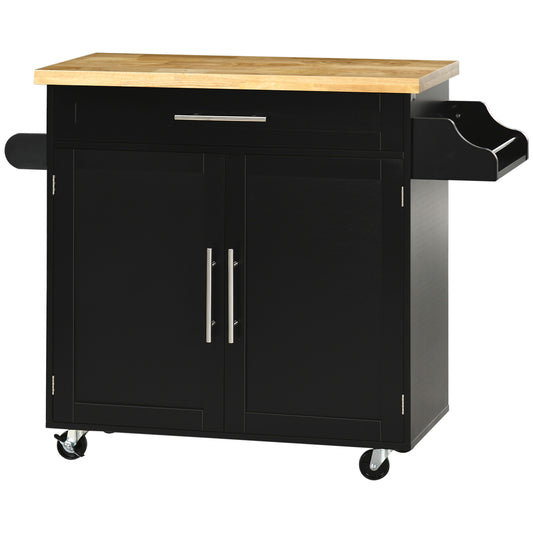 Kitchen Island with Storage, Rolling Cart Trolley with Rubberwood Top, Adjustable Shelf, Drawer, Spice Rack, Black Kitchen Islands & Kitchen Carts   at Gallery Canada