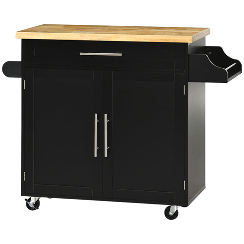 Kitchen Island with Storage, Rolling Cart Trolley with Rubberwood Top, Adjustable Shelf, Drawer, Spice Rack, Black