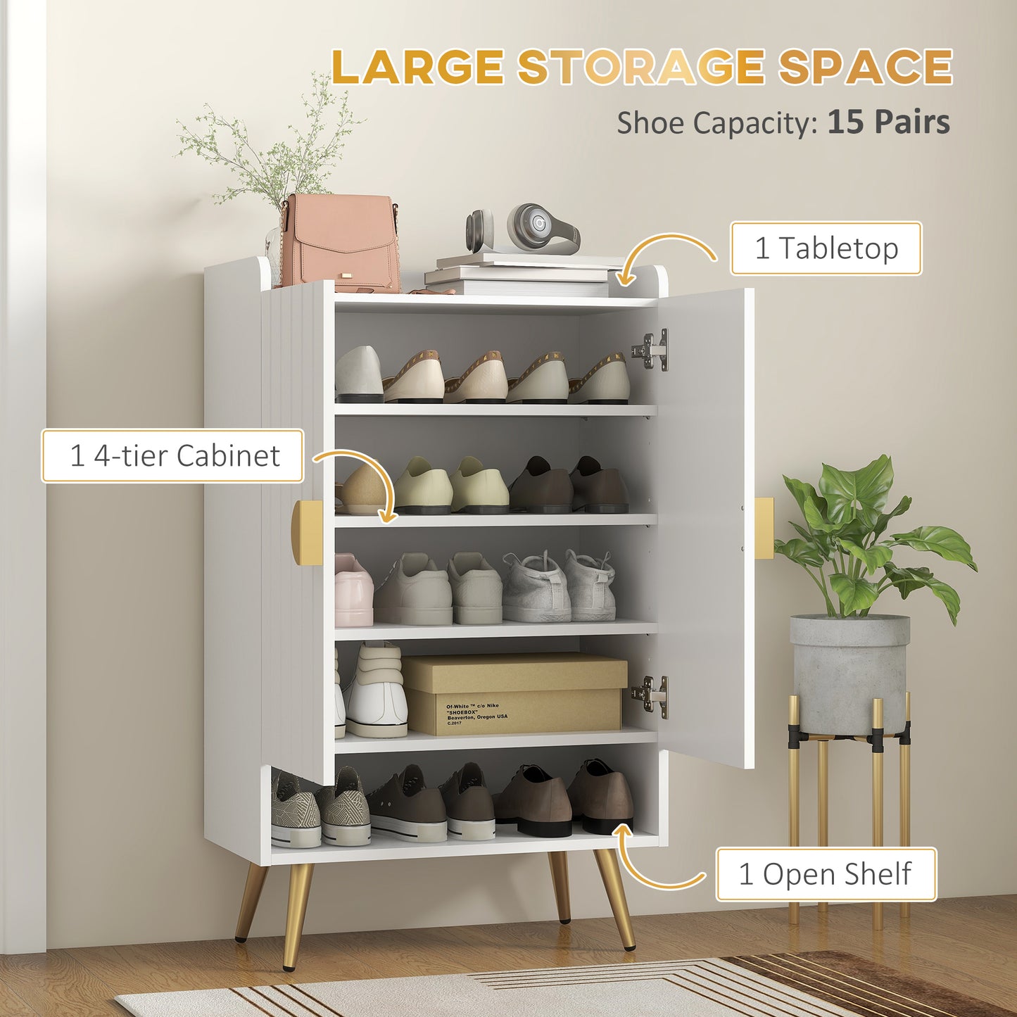 Entryway Shoe Storage Cabinet, Narrow Shoe Cabinet with Adjustable Shelves and Open Shelf for 15 Pairs of Shoes, White Shoe Storage Cabinets & Racks   at Gallery Canada