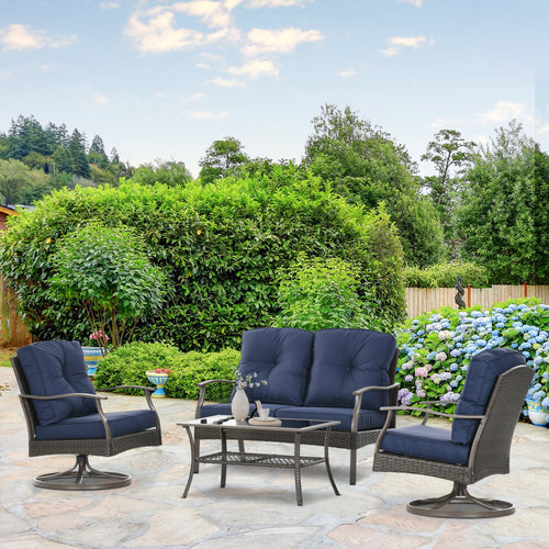 4 PCS Patio PE Rattan Wicker Sofa Set Outdoor Conversation Furniture w/ Two Tier Tea Table &; Cushions, Navy Blue