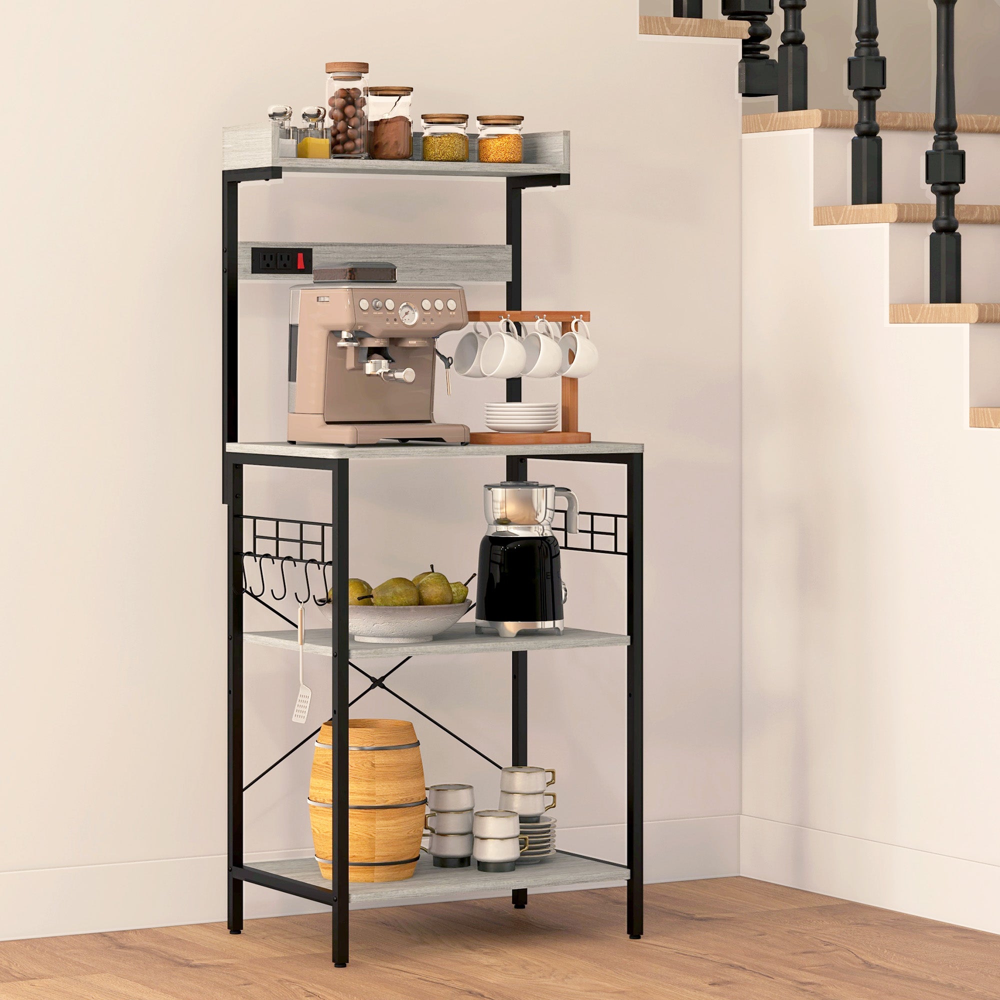 Kitchen Baker's Rack with Power Outlet, Coffee Bar Station with Adjustable Shelves and Hooks, Distressed Grey Bar Cabinets   at Gallery Canada