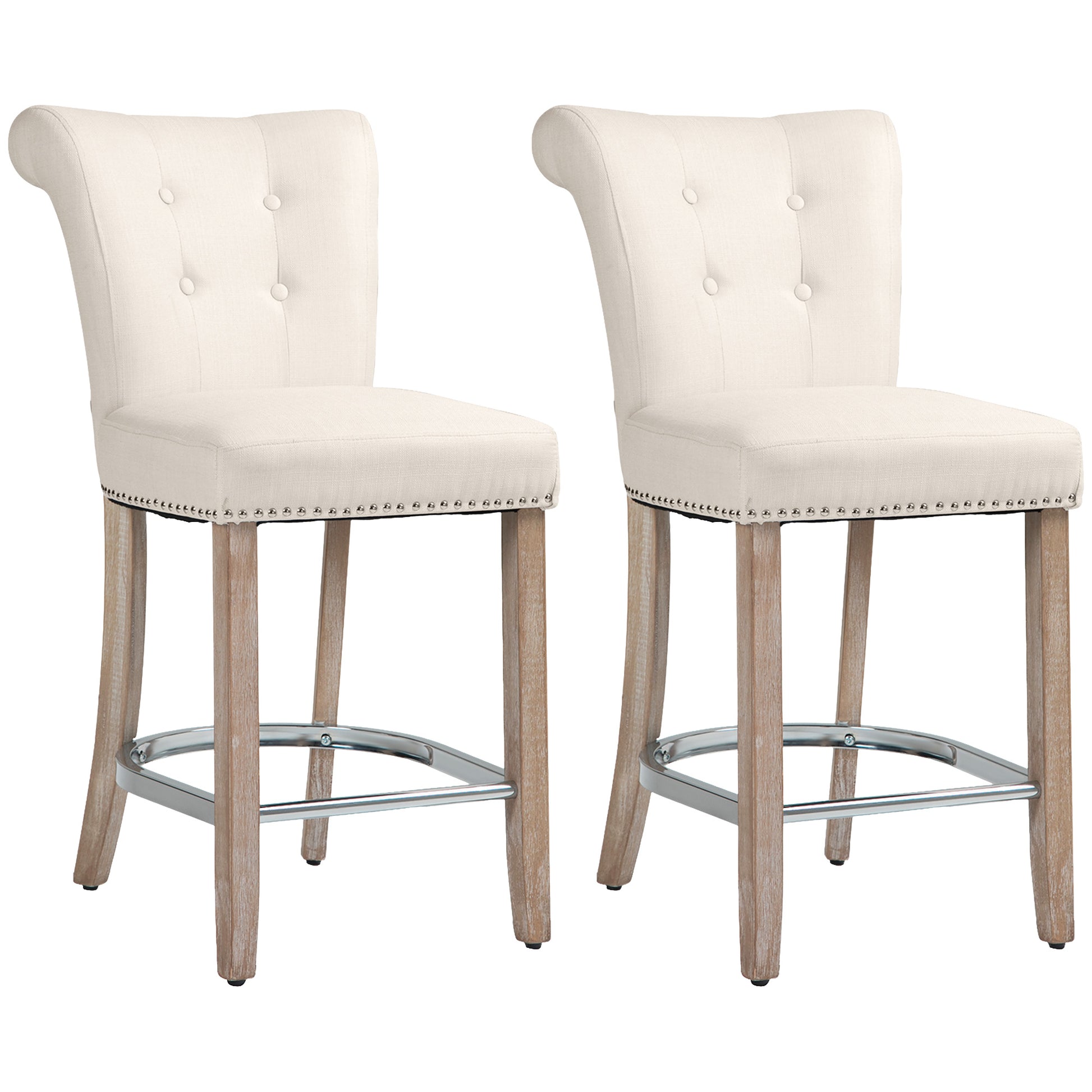 Bar Stools Set of 2, Upholstered Counter Height Stools with Button Tufted Back, Wood Legs and Footrest, Cream White Bar Stools   at Gallery Canada