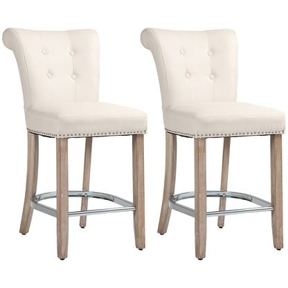 Bar Stools Set of 2, Upholstered Counter Height Stools with Button Tufted Back, Wood Legs and Footrest, Cream White Bar Stools   at Gallery Canada