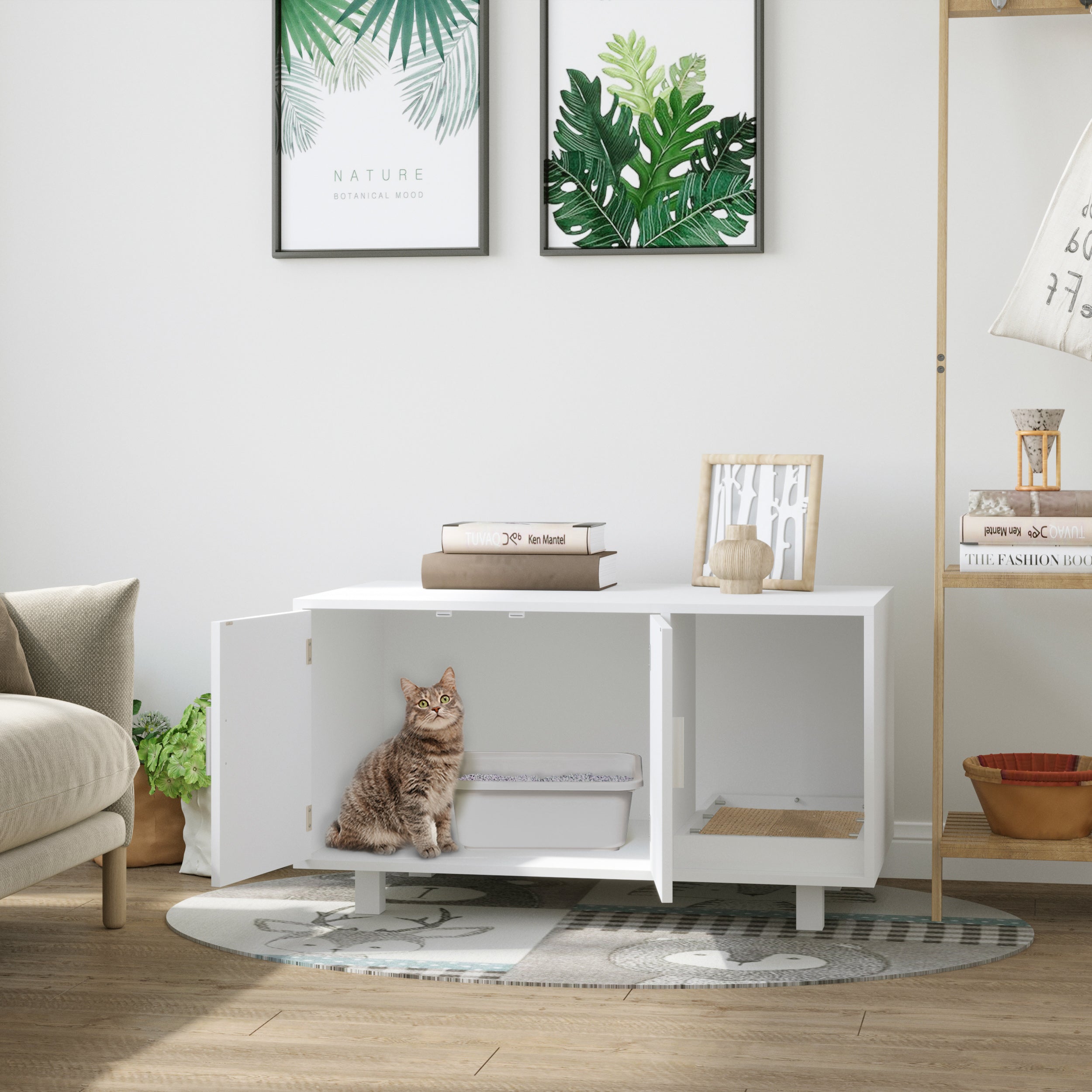 Wooden Cat Washroom Pet Litter Box Enclosure Kitten House Nightstand End Table with Scratcher Magnetic Doors White Cat Litter Box Enclosures   at Gallery Canada