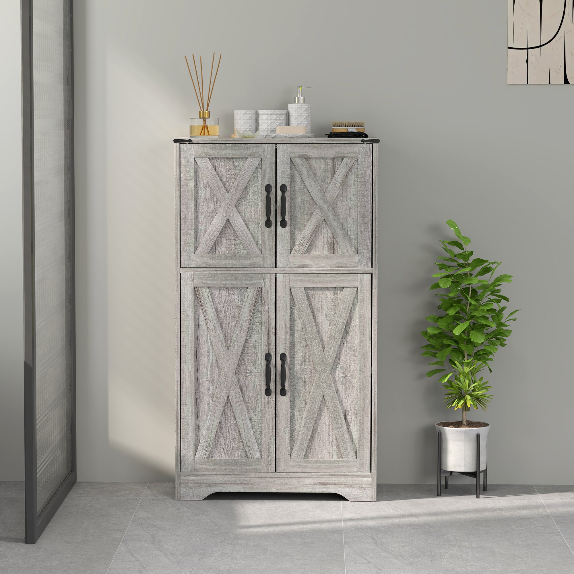 Farmhouse Kitchen Pantry, Freestanding Kitchen Pantry Storage Cabinet with Barn Doors and Adjustable Shelves, Grey Kitchen Pantry Cabinets at Gallery Canada