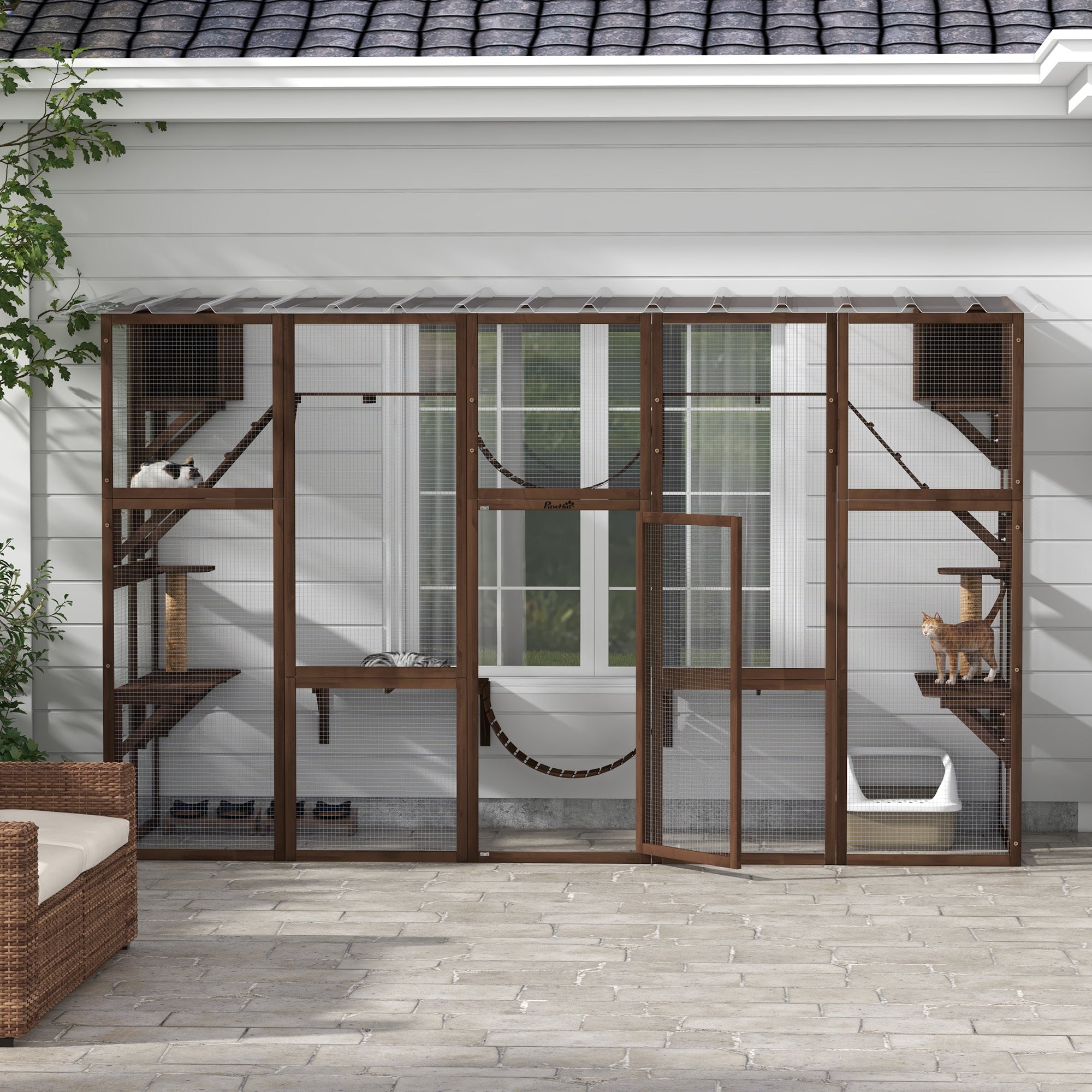 Large Outdoor Catio with Condos, Platforms, Doors, Ladders, Weather-Resistant Roof, Espresso Outdoor Cat Enclosures at Gallery Canada