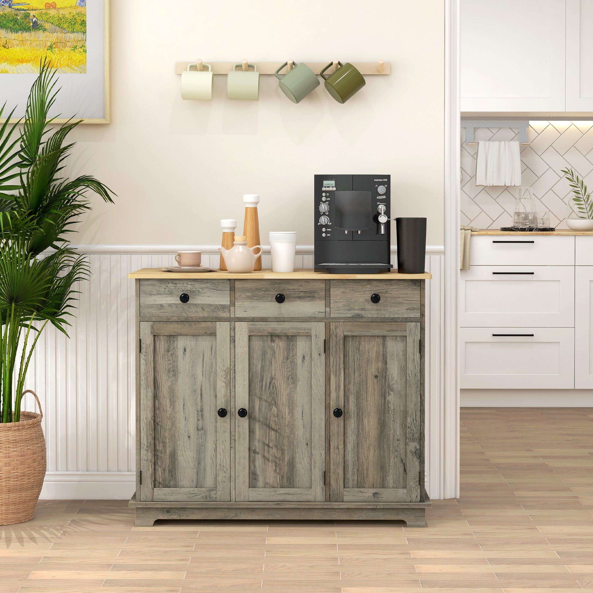 Modern Sideboard, Buffet Cabinet with Storage Cabinets, Drawers and Adjustable Shelves for Living Room, Washed Grey Bar Cabinets at Gallery Canada