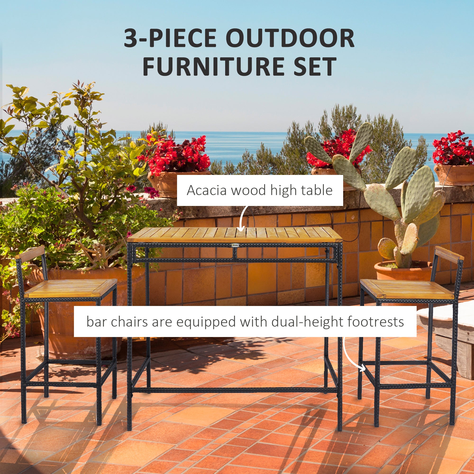 3-Piece Wicker Bar Set, Patio Bar Table Chair w/ Acacia Wood Top, 43.3