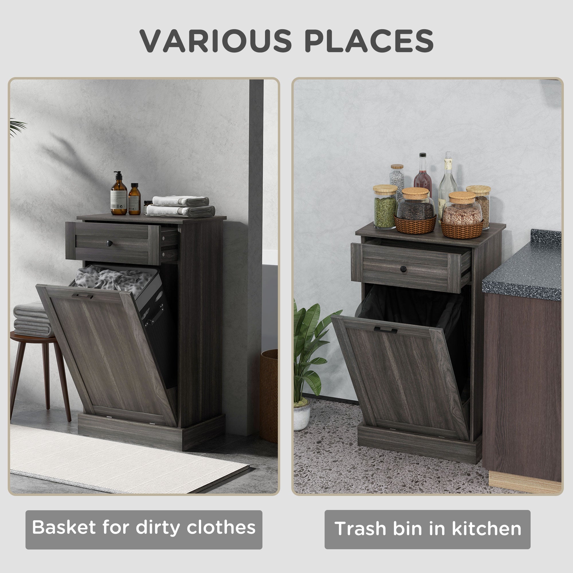 Kitchen Tilt Out Trash Bin Cabinet, Free Standing Recycling Cabinet, Trash Can Holder with Drawer, Charcoal Grey Storage Cabinets at Gallery Canada