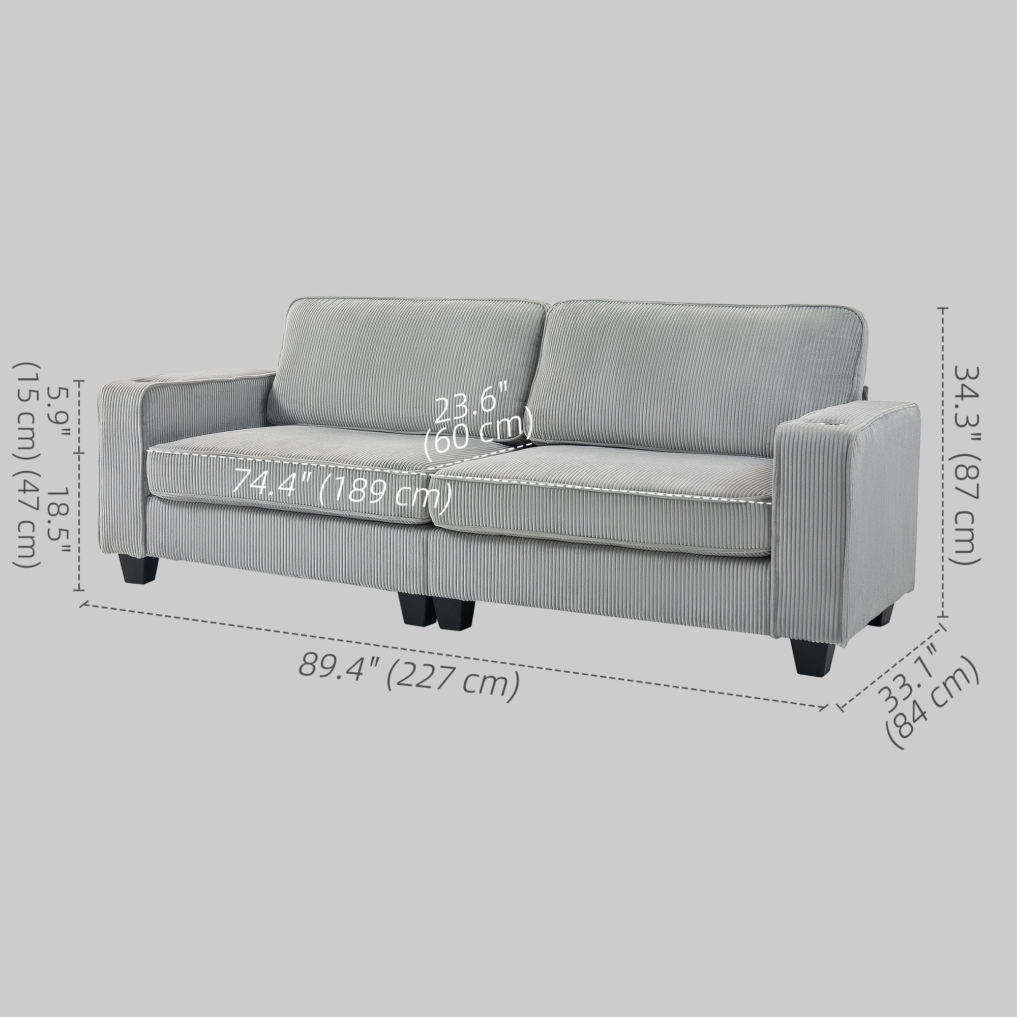 Three Seater Sofa, Fabric 3 Seater Couch with Spring Cushion and Cup Holders for Living Room, Bedroom, Light Grey 3-Seater Sofas at Gallery Canada
