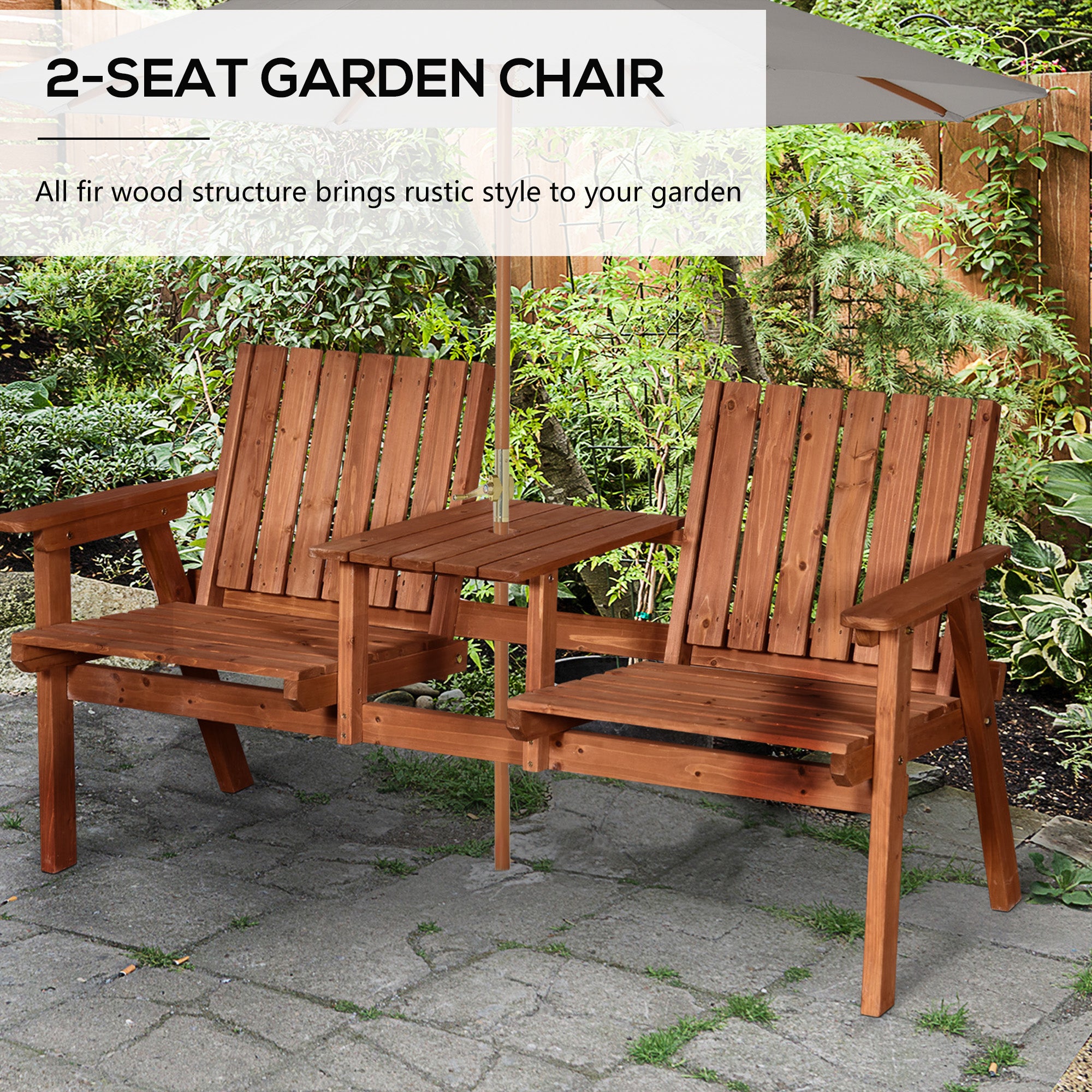 Garden Bench for 2 Persons with Middle Table and Umbrella Hole, 2-Seater Outdoor Wooden Bench with Slat Design, Orange Outdoor Benches at Gallery Canada