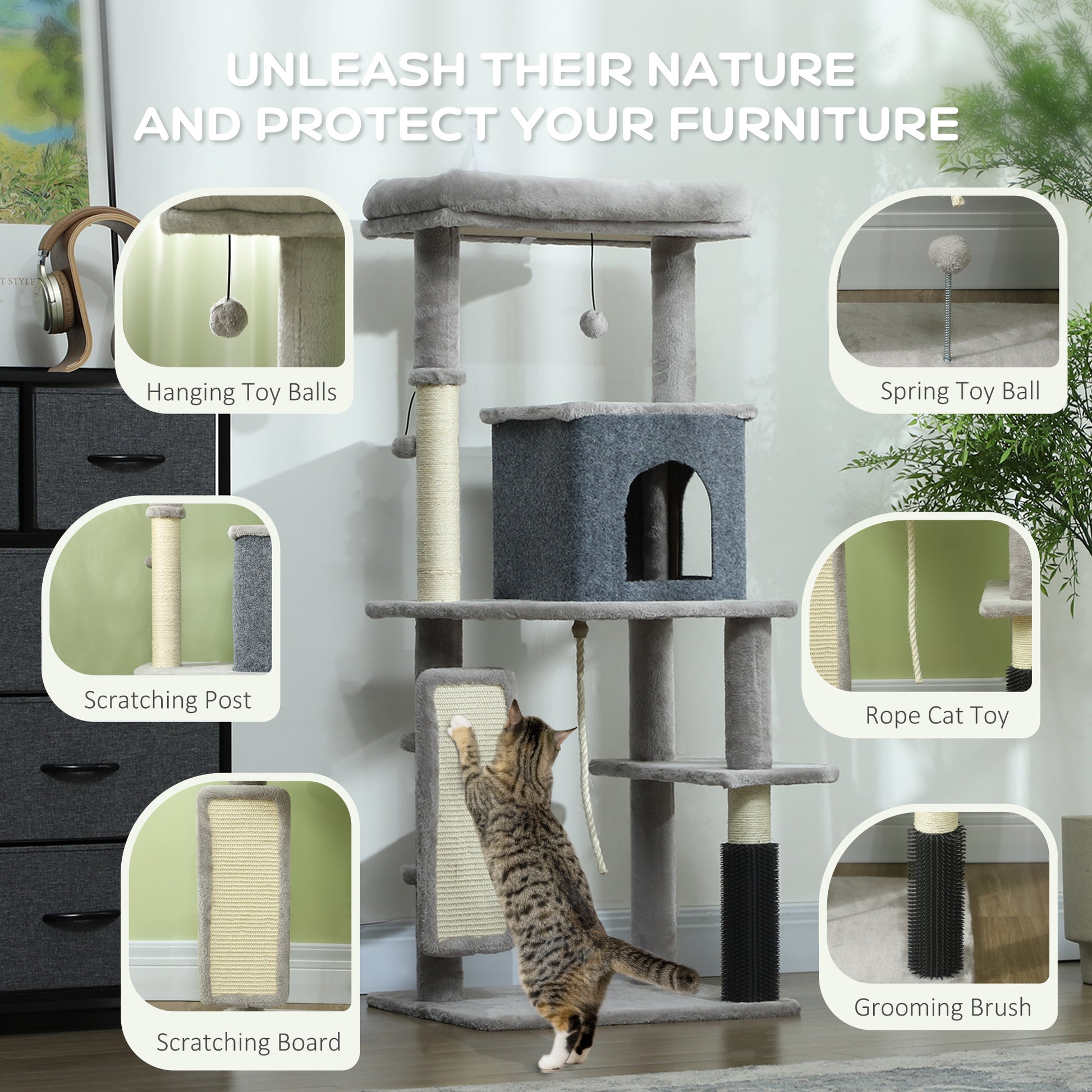 52 Inch Cat Tree with Scratching Posts, Cat Bed, Condo, Grooming Brush, Jumping Platforms, Toy Balls, Anti-tip Kit Cat Trees at Gallery Canada